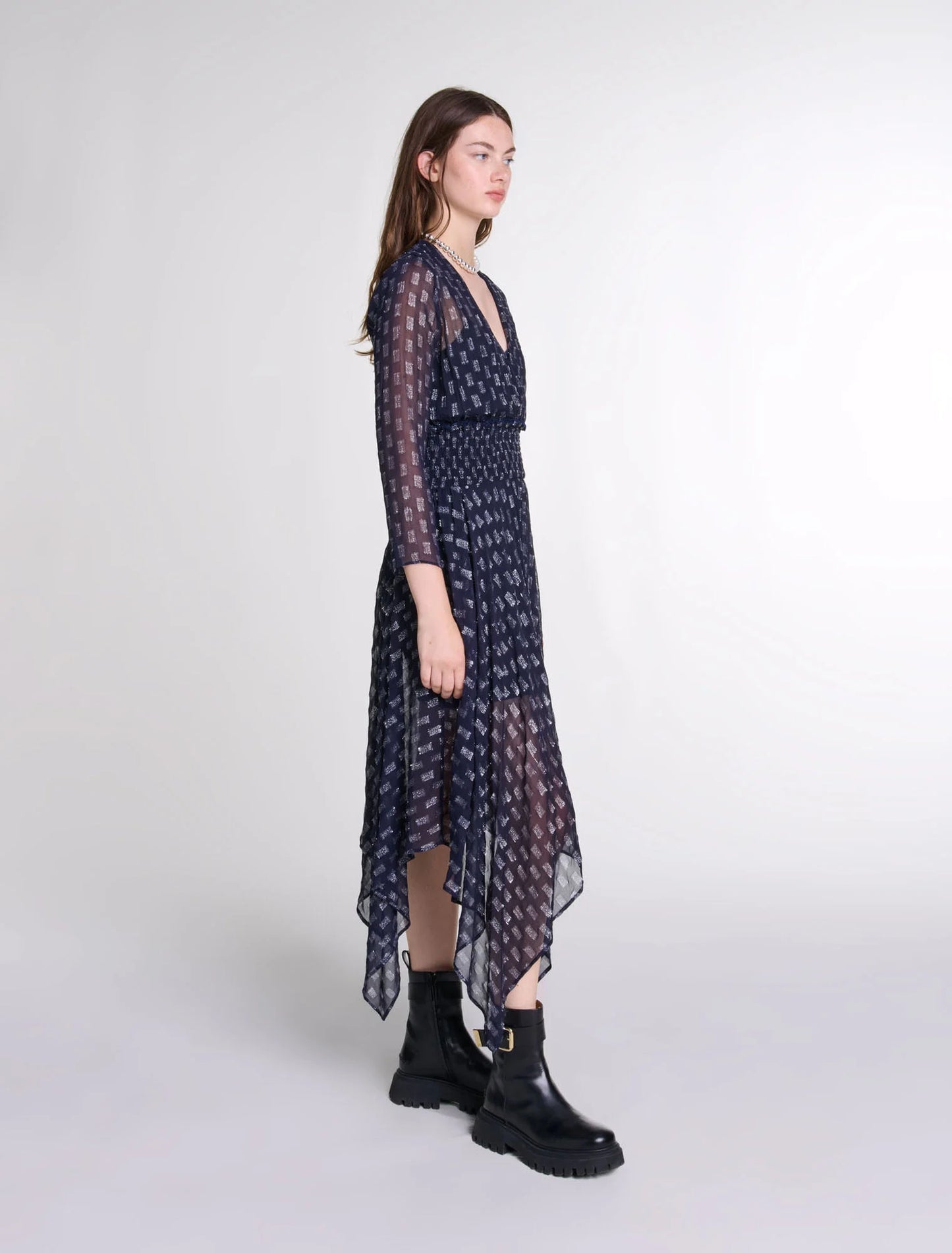 Navy  -Asymmetrical floral maxi dress