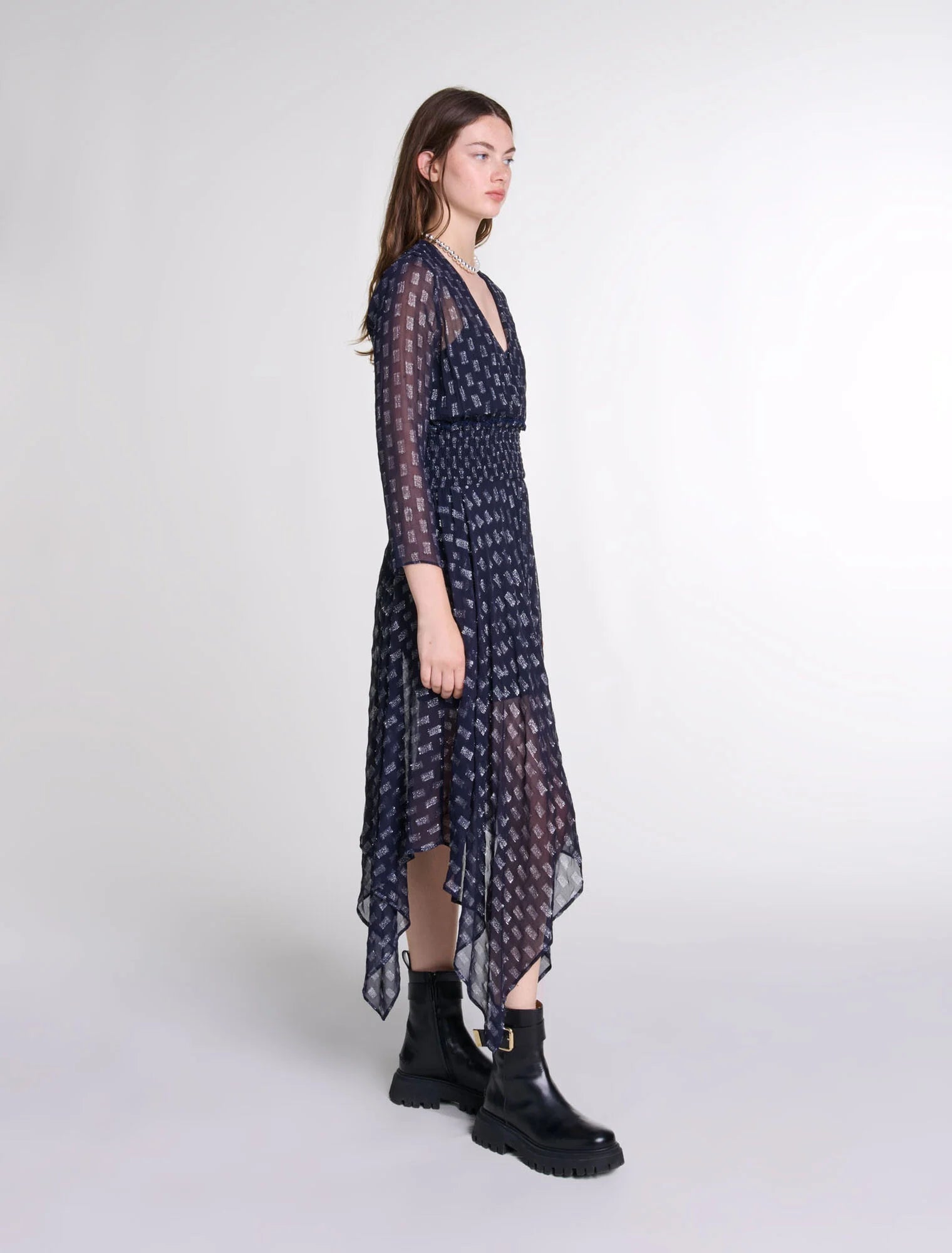 Navy  -Asymmetrical floral maxi dress