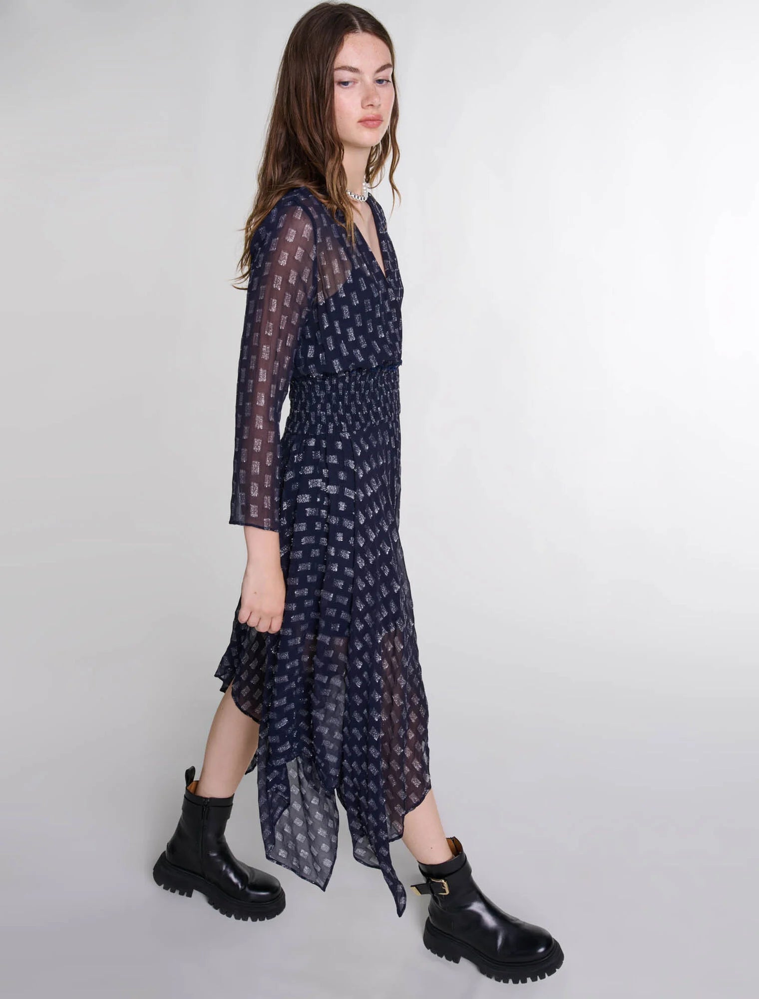Navy  -Asymmetrical floral maxi dress