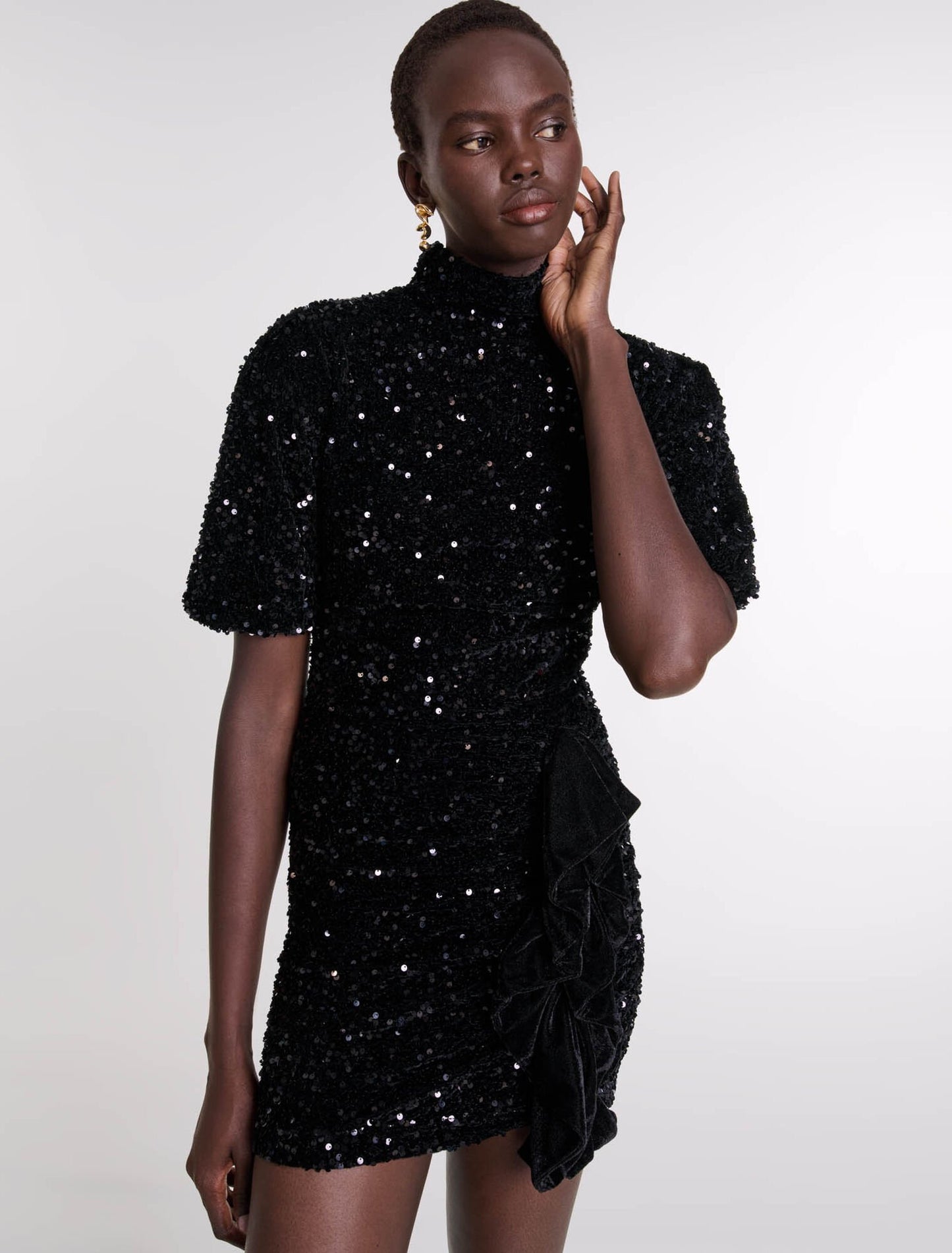 Black-Short Velvet And Sequinned Dress