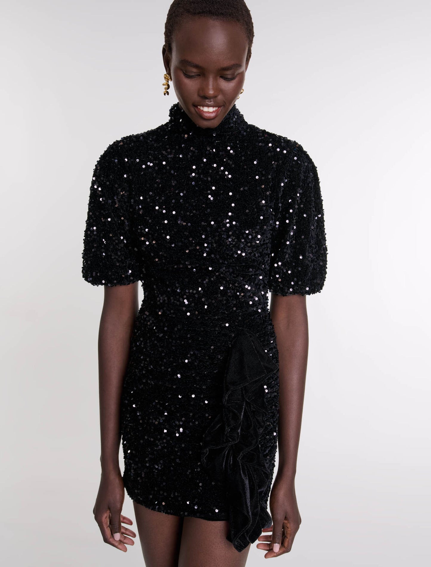 Black-Short Velvet And Sequinned Dress