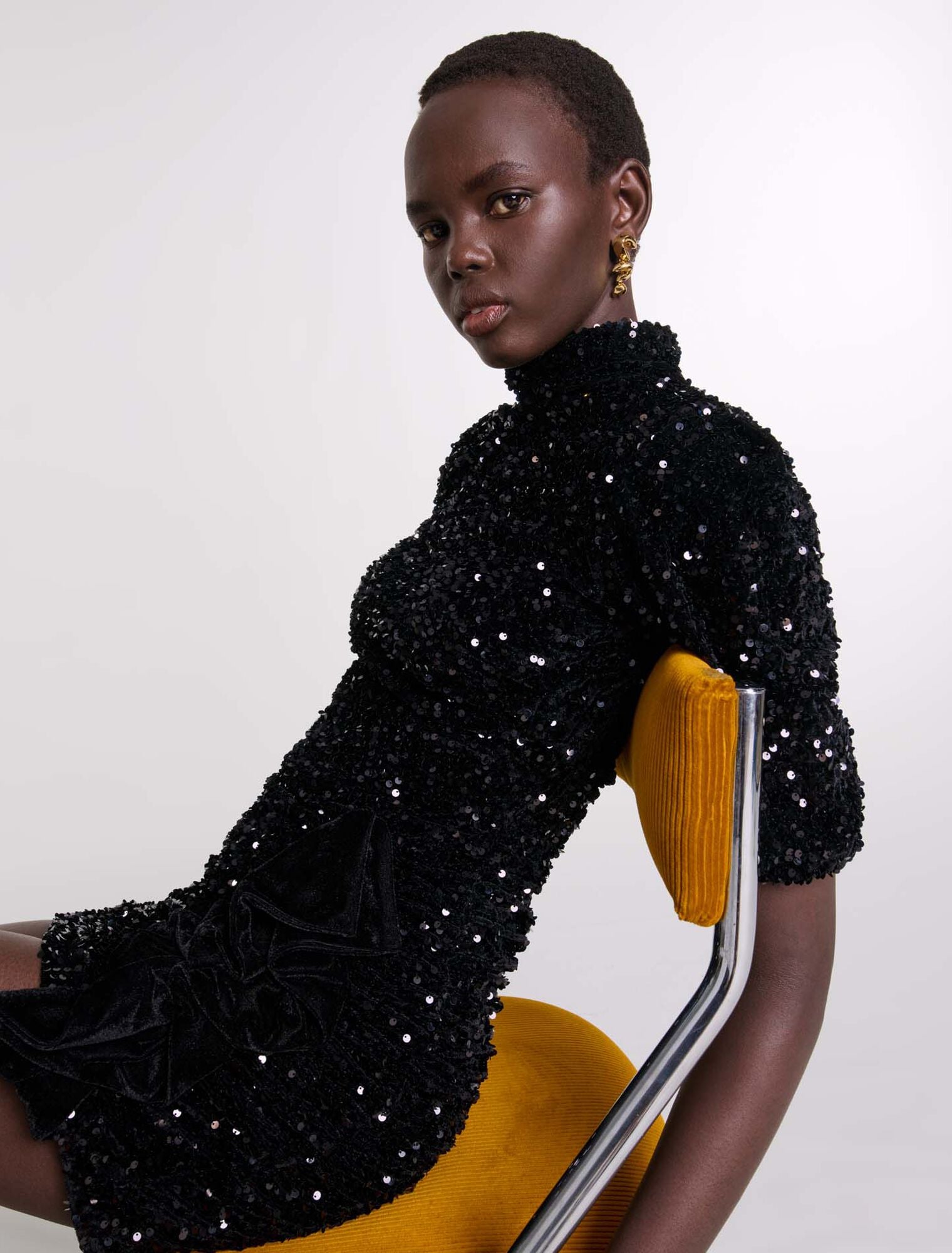 Black-Short Velvet And Sequinned Dress