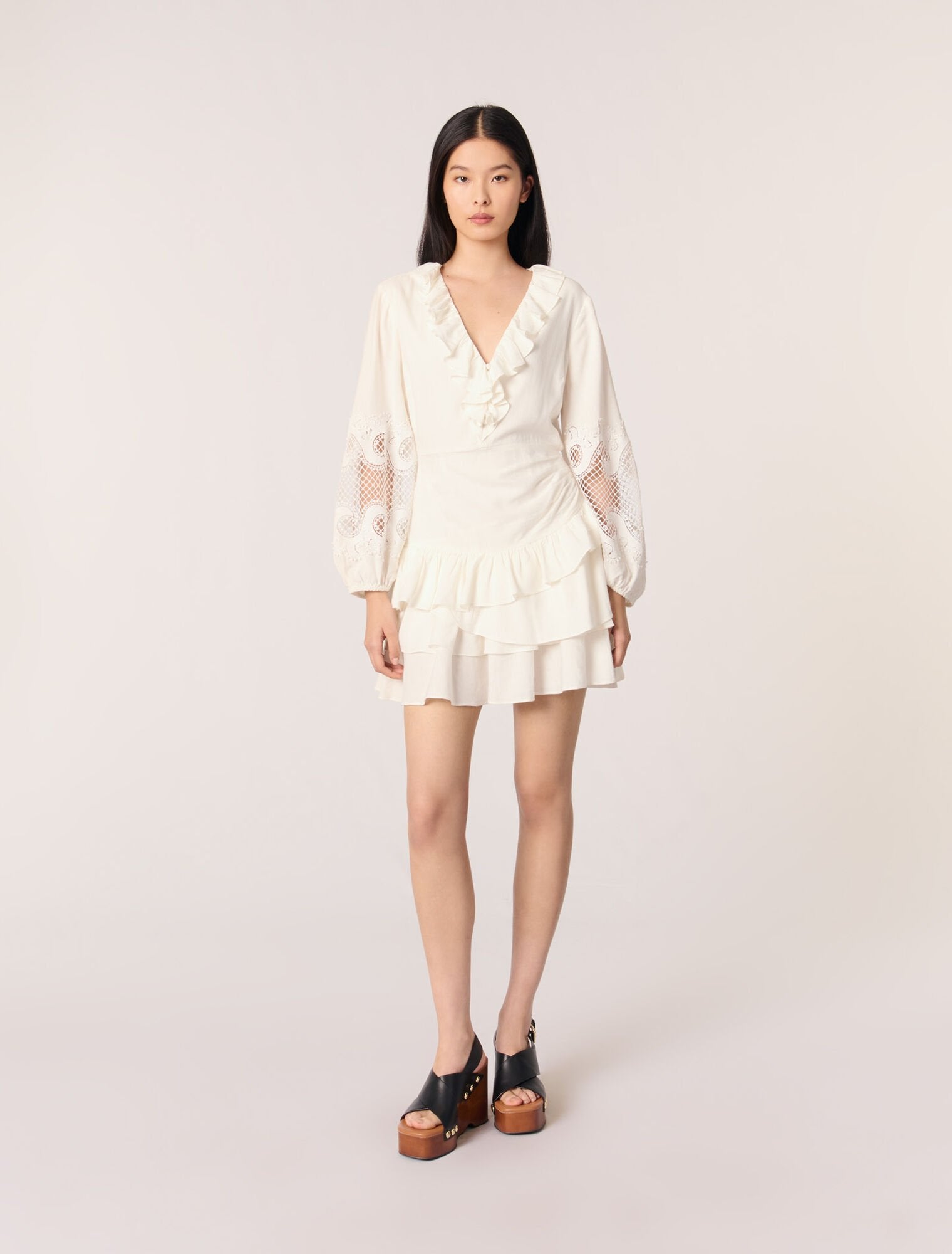 Ecru featured Ruffled embroidered sleeve dress