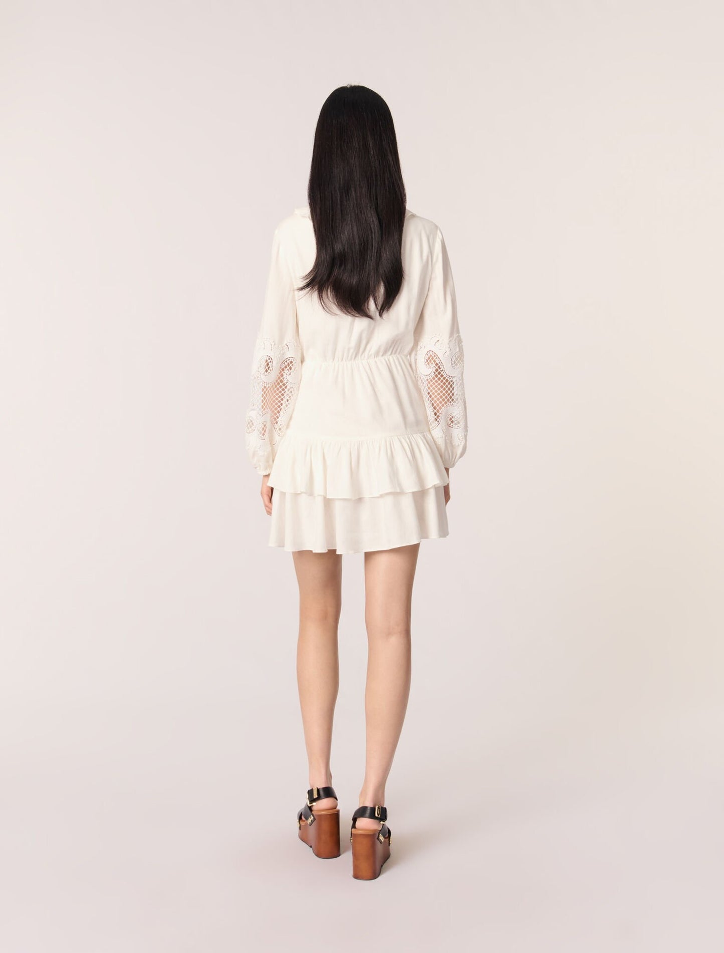 Ecru Ruffled embroidered sleeve dress