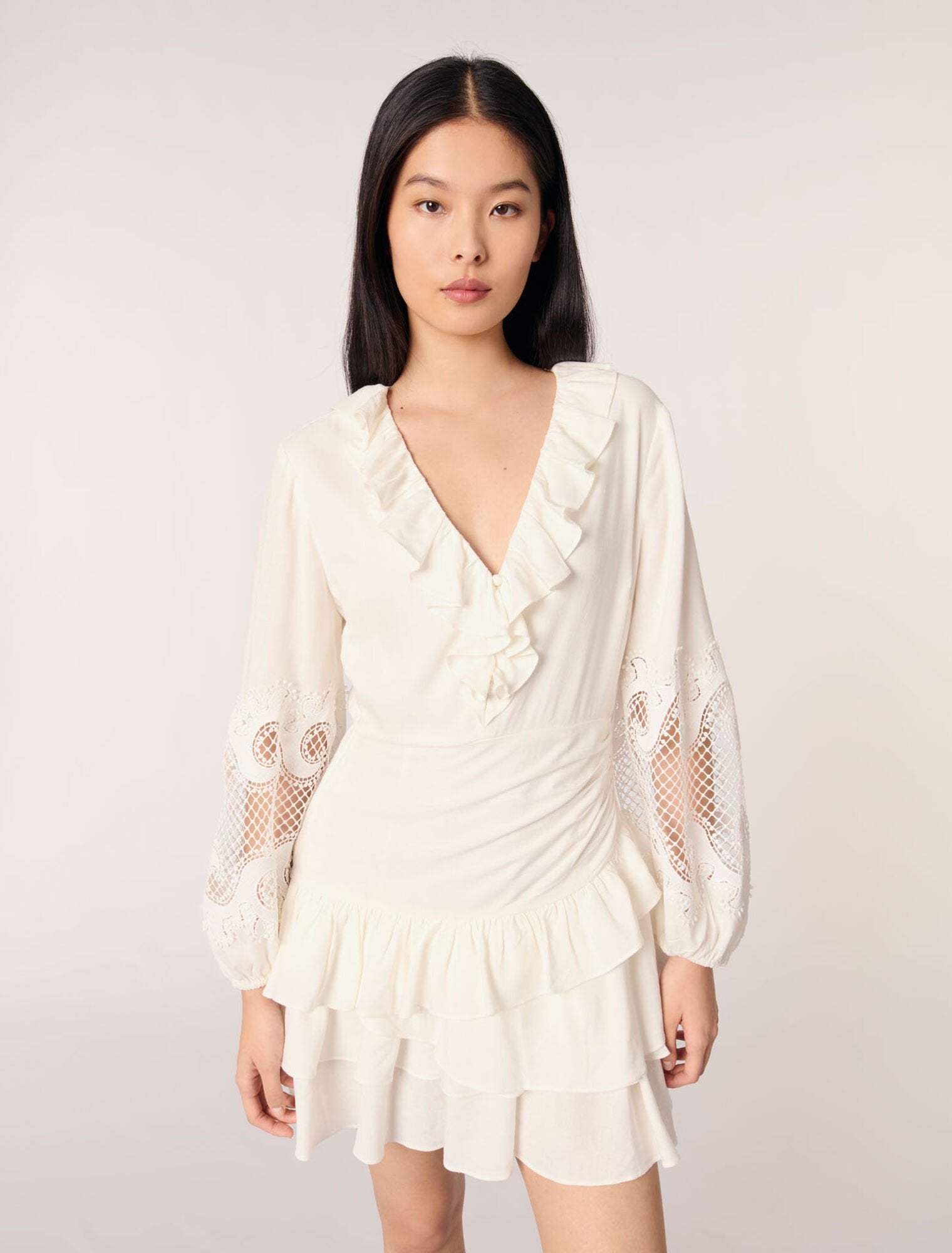 Ecru Ruffled embroidered sleeve dress