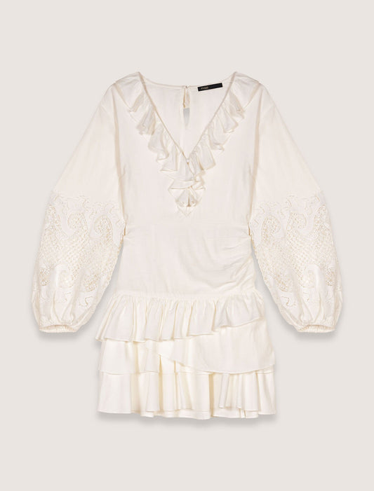 Ecru Ruffled embroidered sleeve dress