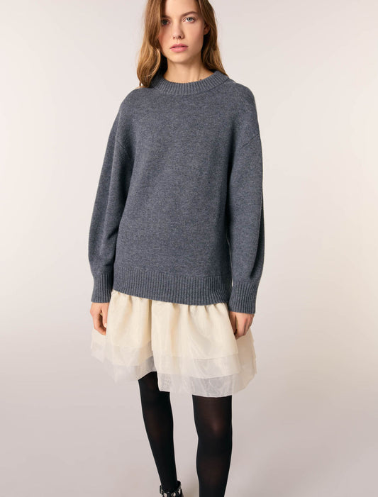 Gray/Ecru-Wool and organza dual-fabric dress