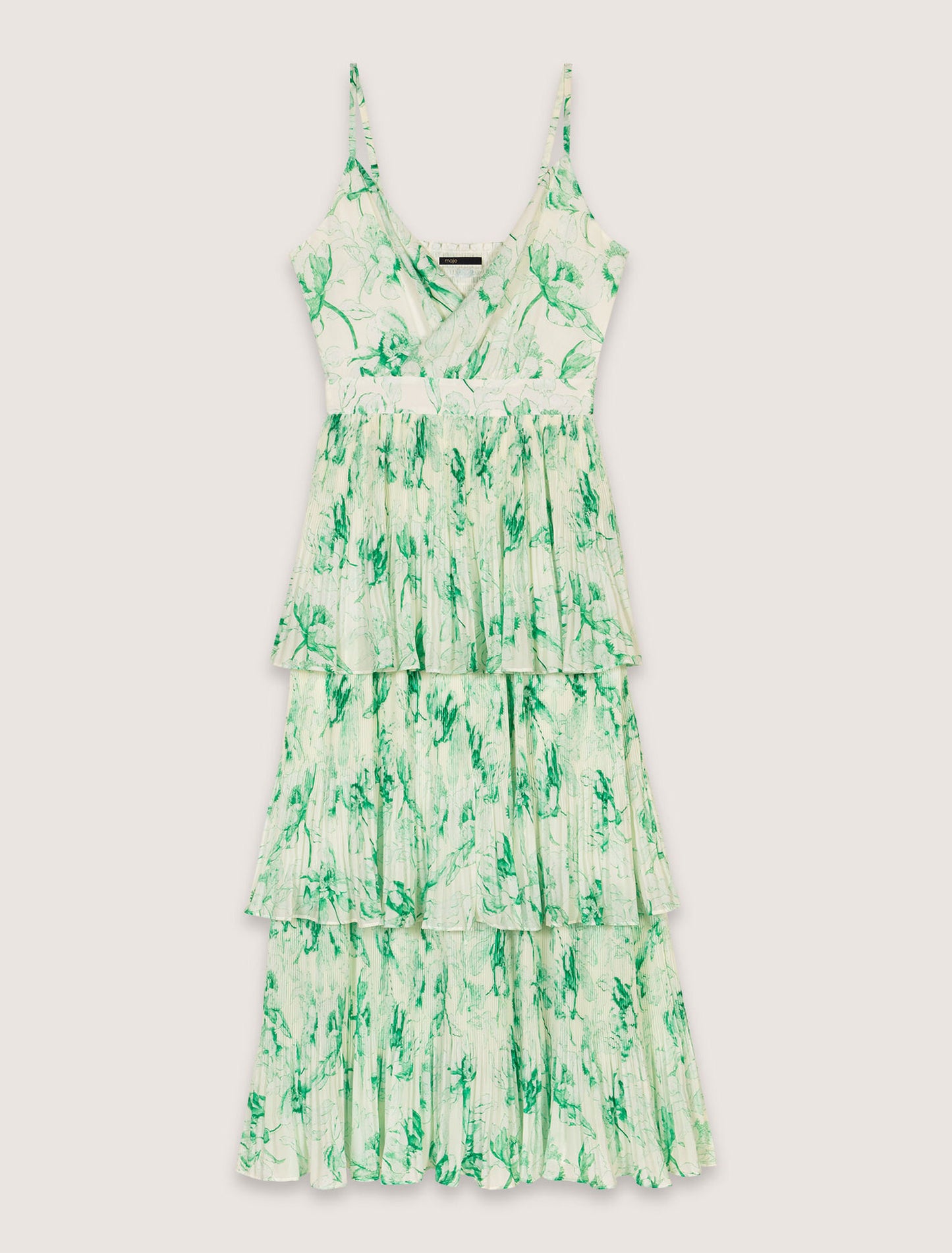 Green Floral Print Ecru Base-Patterned ruffled maxi dress