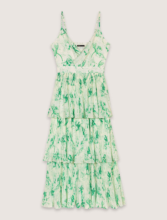 Green Floral Print Ecru Base-Patterned ruffled maxi dress