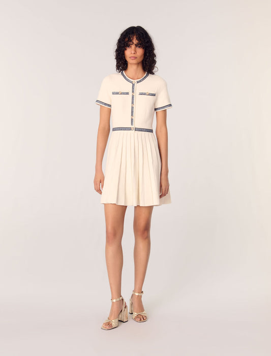 Ecru-featured-Pleated knit short dress