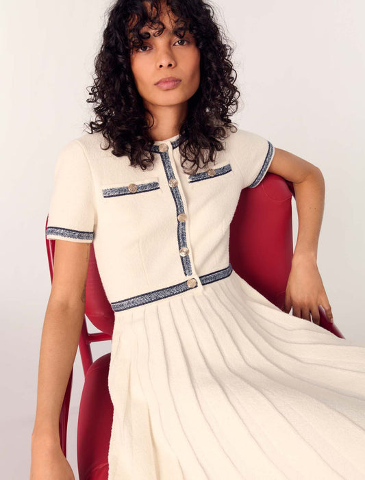 Ecru-Pleated knit short dress