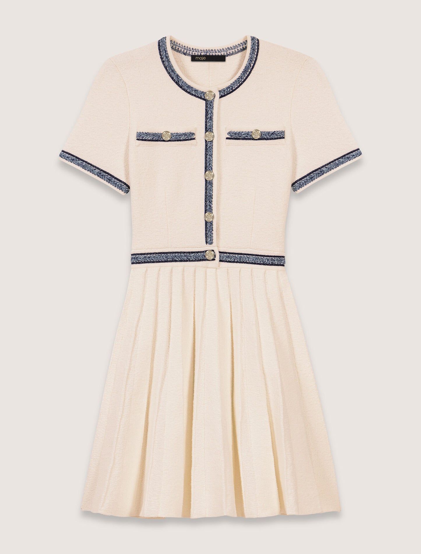 Ecru-Pleated knit short dress