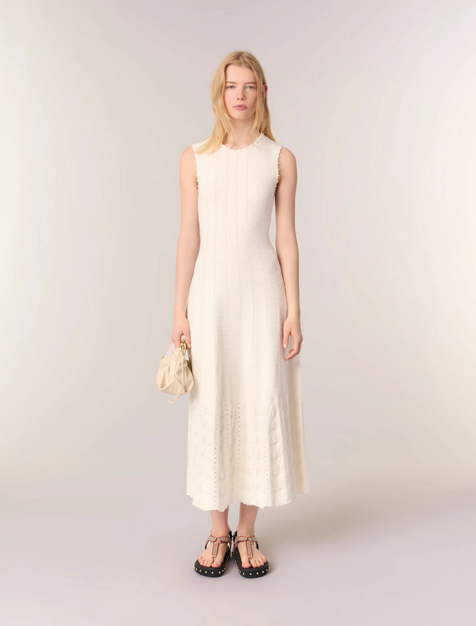 Beaded pointelle knit dress