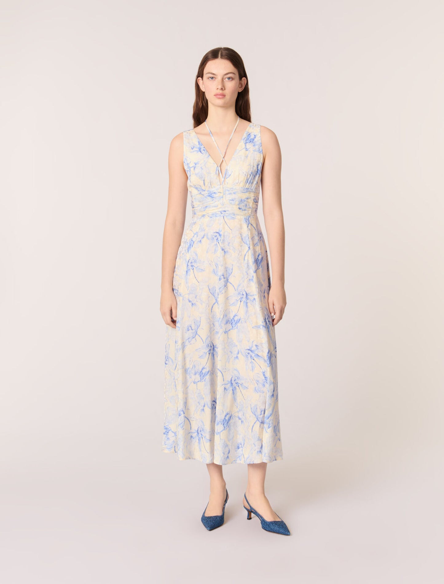 Blue Flower Print Ecru Base-featured-Patterned maxi dress with lacing