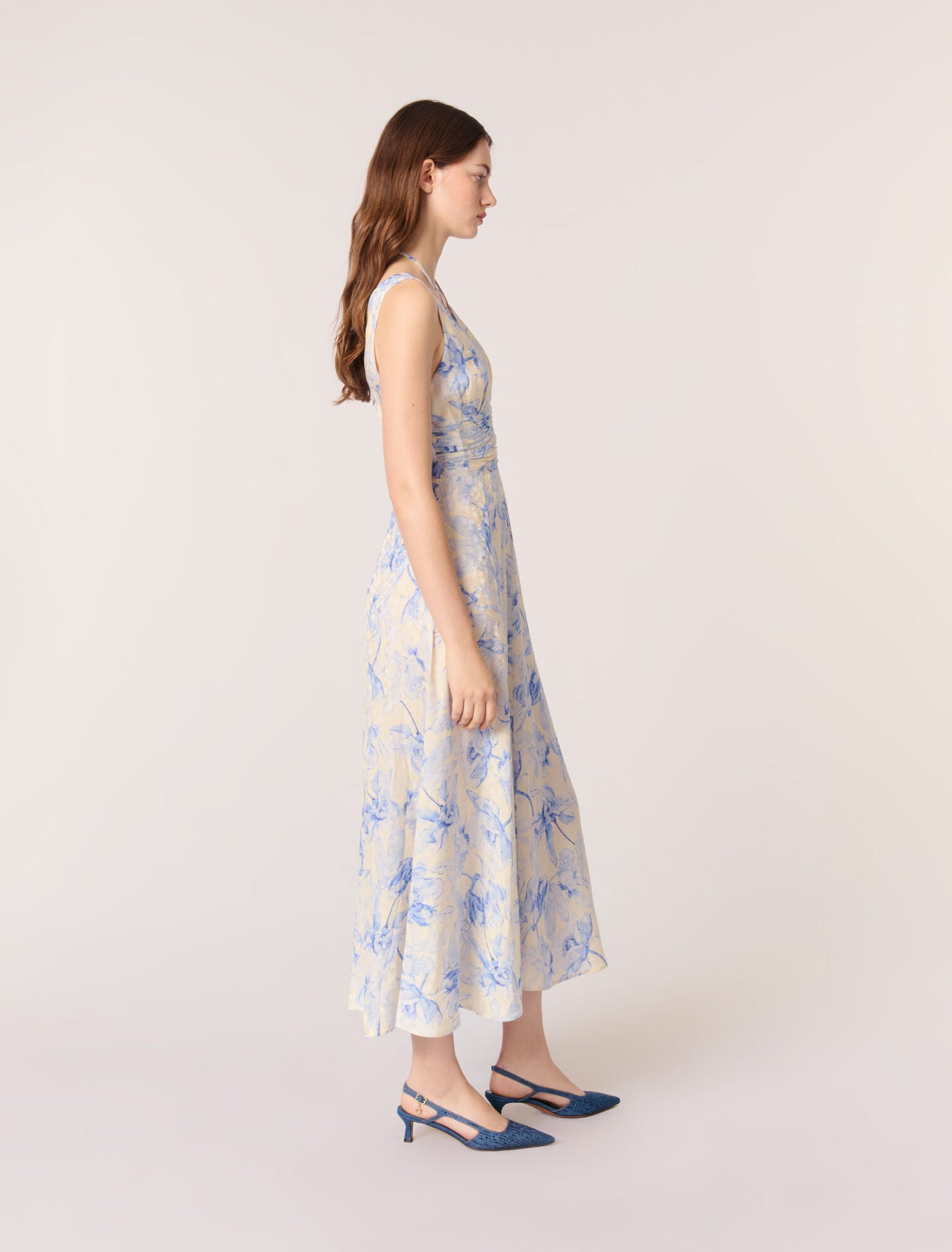 Blue Flower Print Ecru Base-Patterned maxi dress with lacing