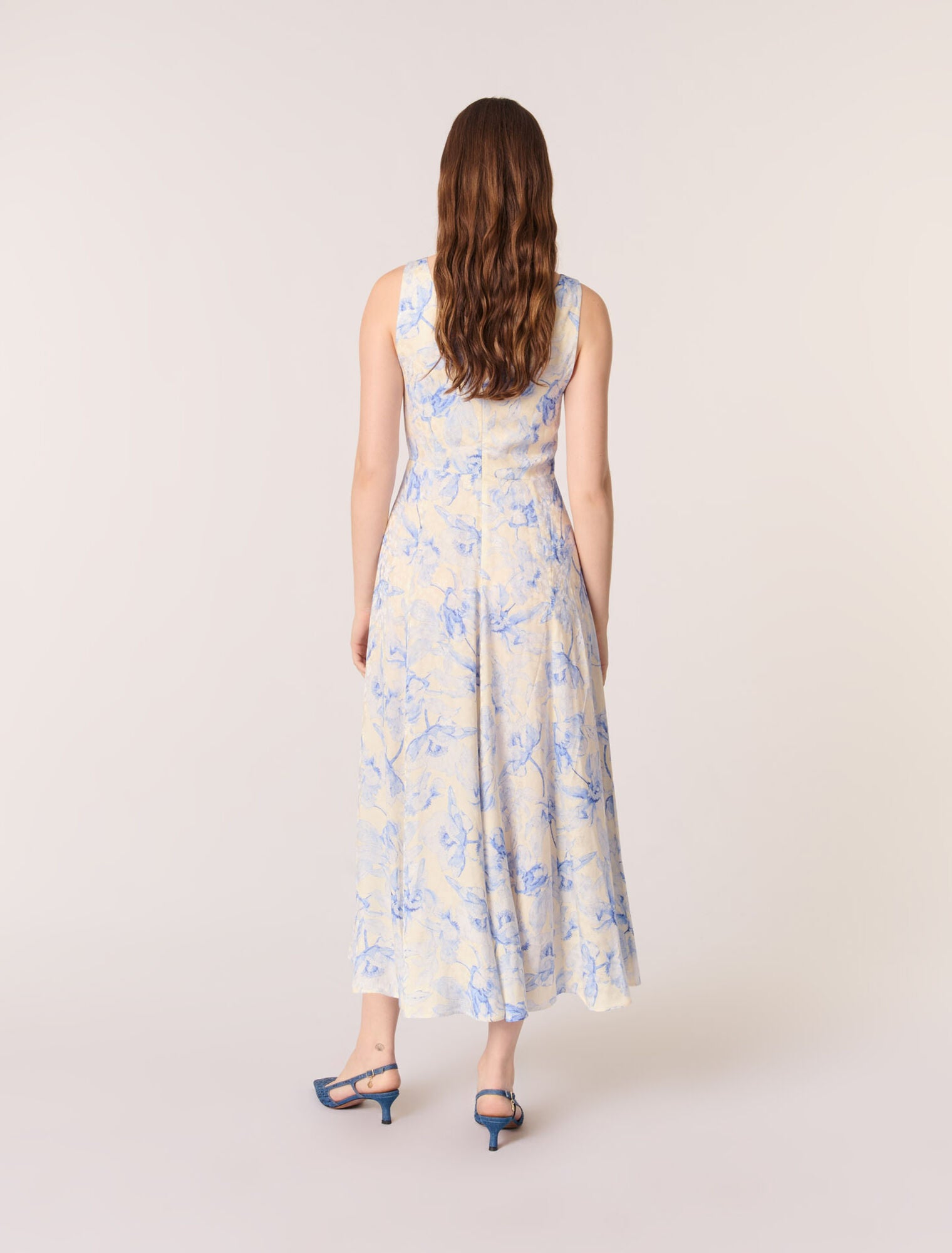 Blue Flower Print Ecru Base-Patterned maxi dress with lacing