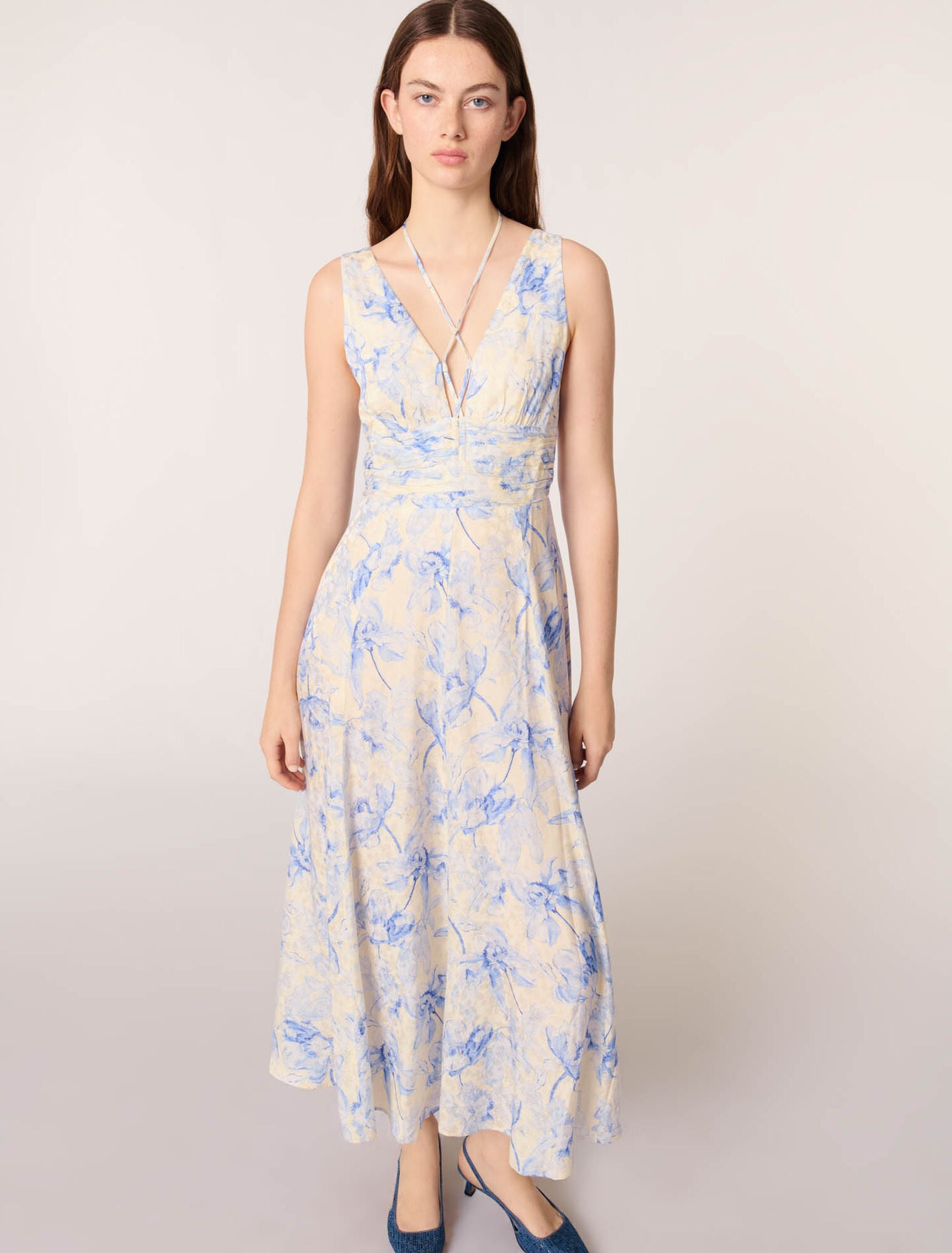 Blue Flower Print Ecru Base-Patterned maxi dress with lacing