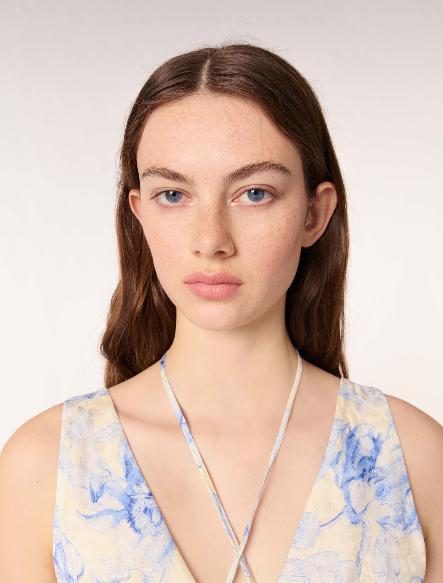 Blue Flower Print Ecru Base-Patterned maxi dress with lacing