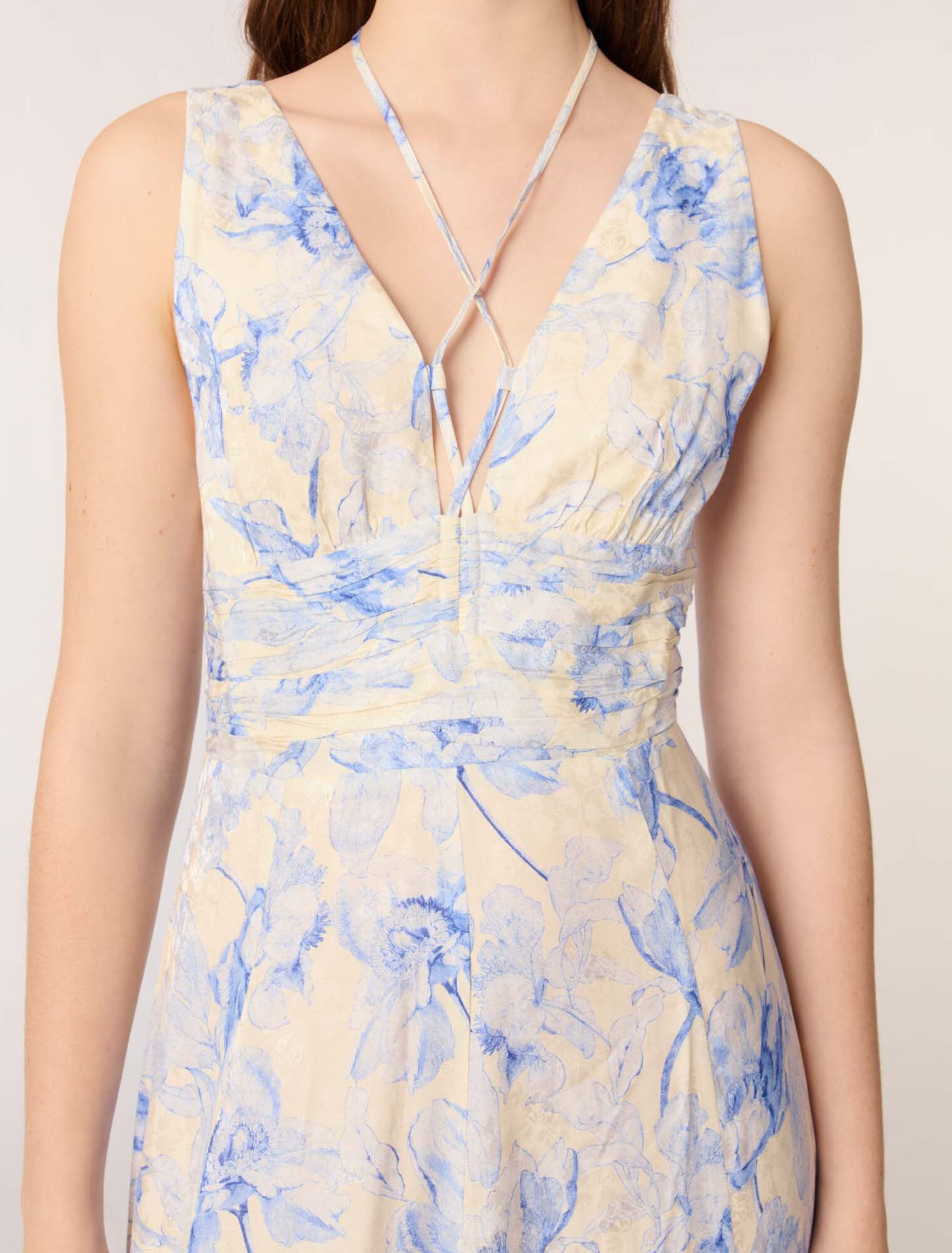 Blue Flower Print Ecru Base-Patterned maxi dress with lacing