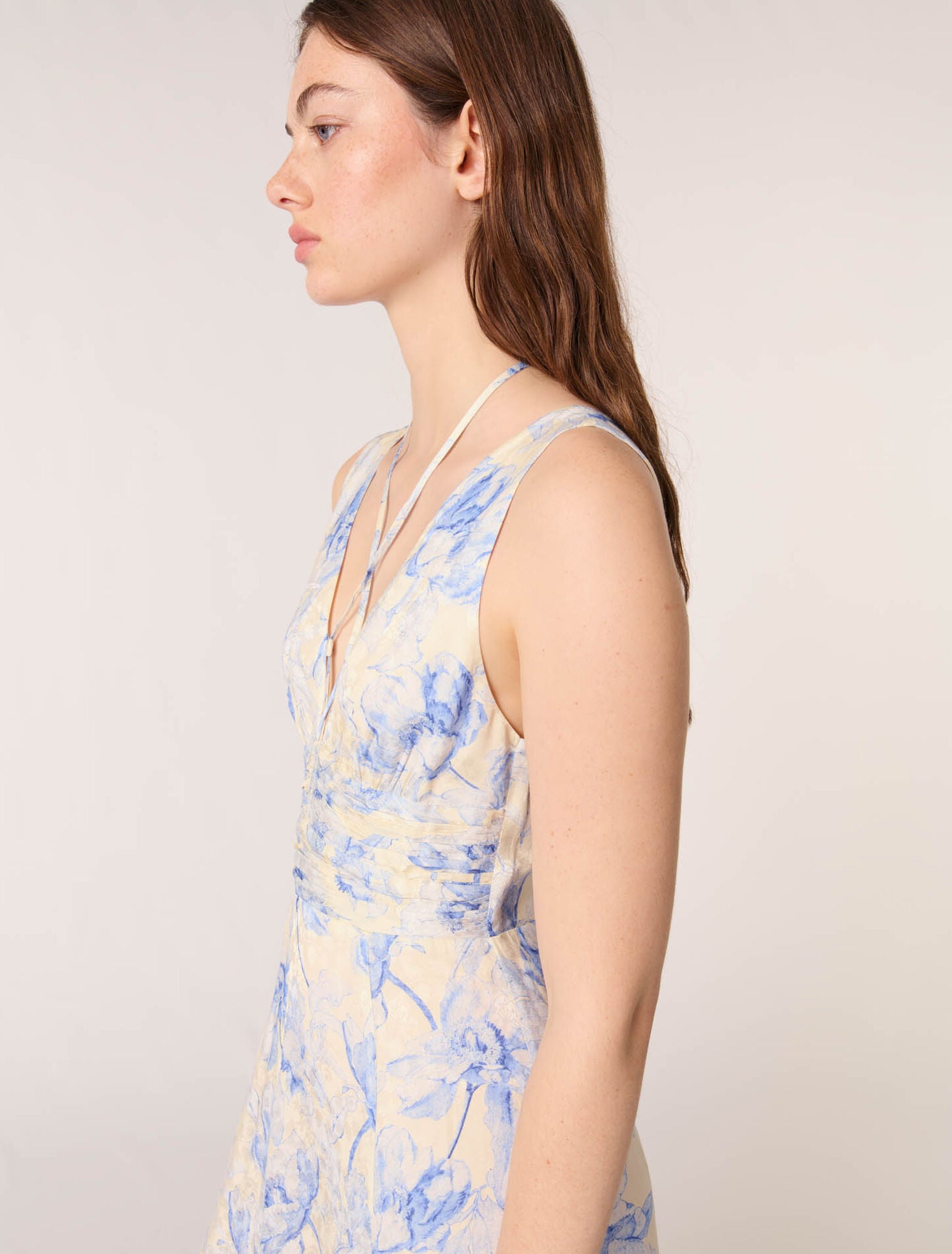 Blue Flower Print Ecru Base-Patterned maxi dress with lacing