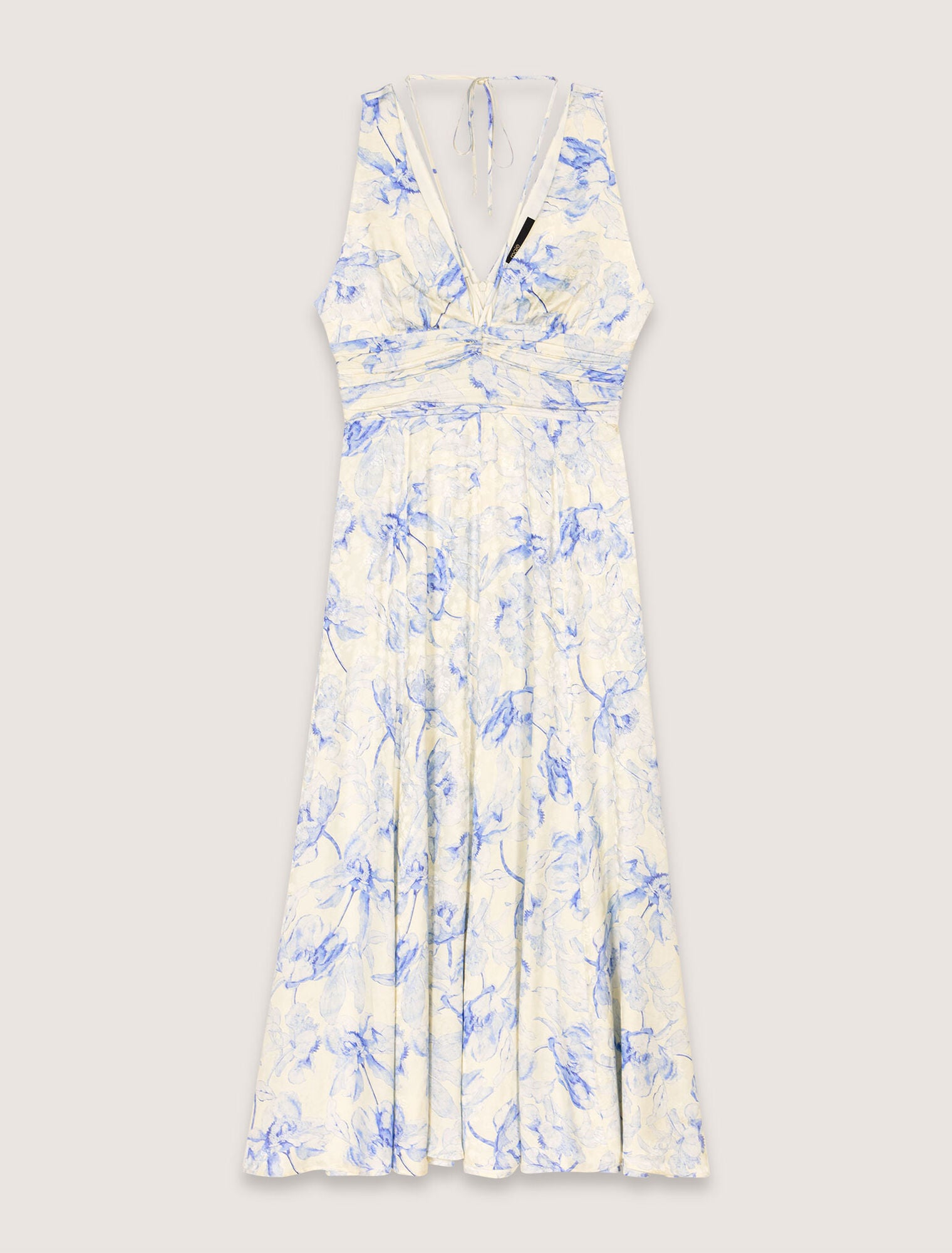 Blue Flower Print Ecru Base-Patterned maxi dress with lacing