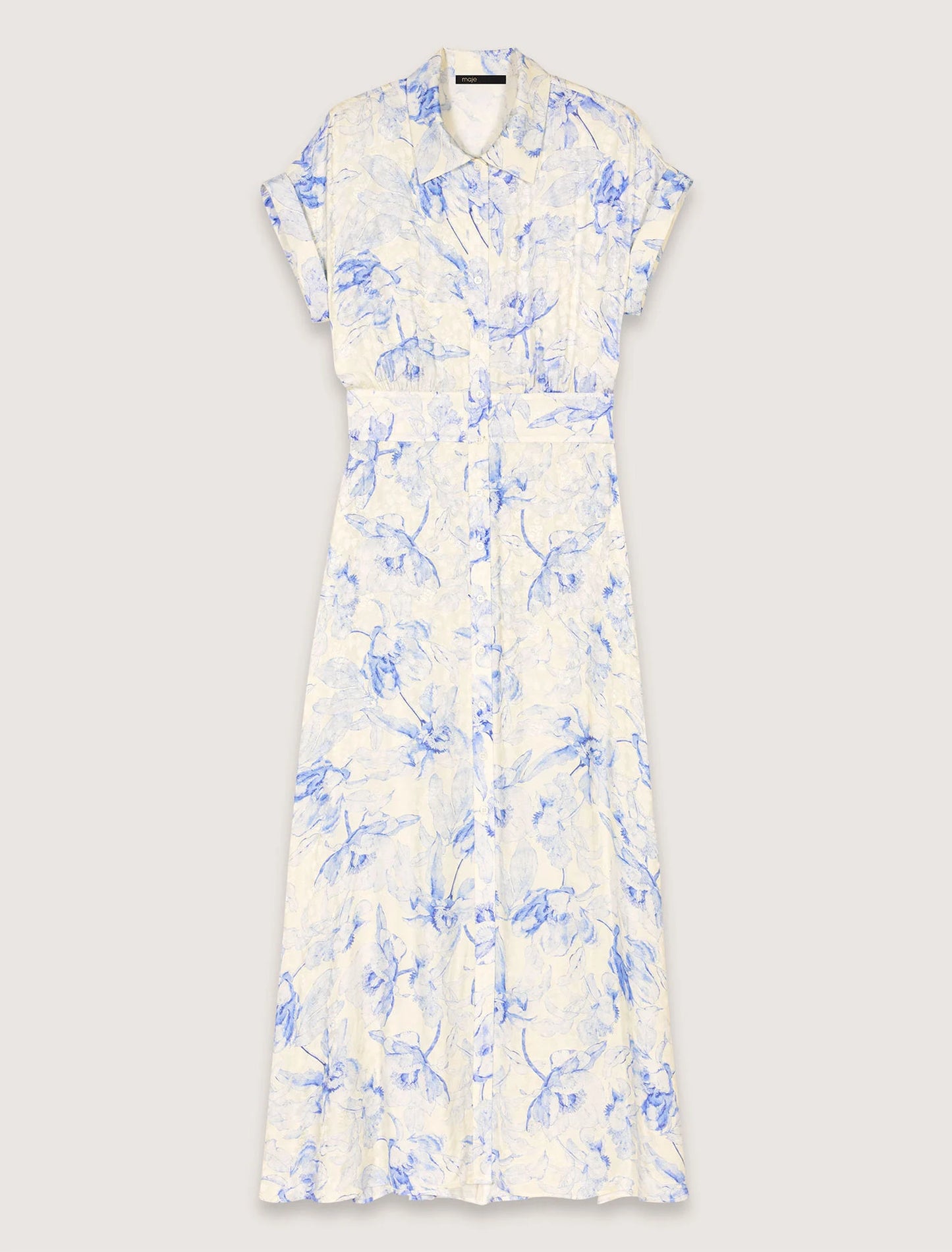 Blue Flower Print Ecru Base-Patterned Maxi Dress