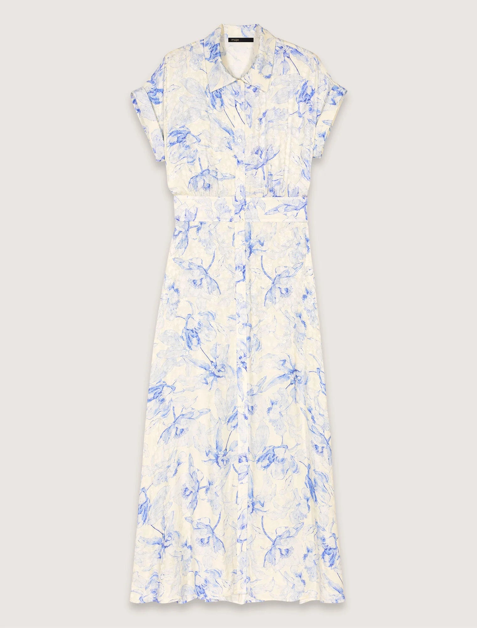 Blue Flower Print Ecru Base-Patterned Maxi Dress