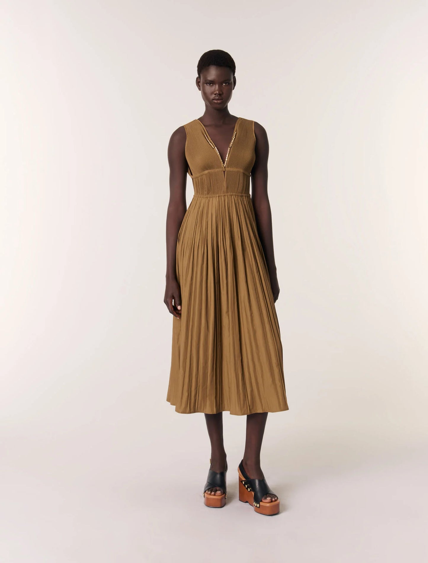 Khaki-featured-Jewellery neckline pleated dress
