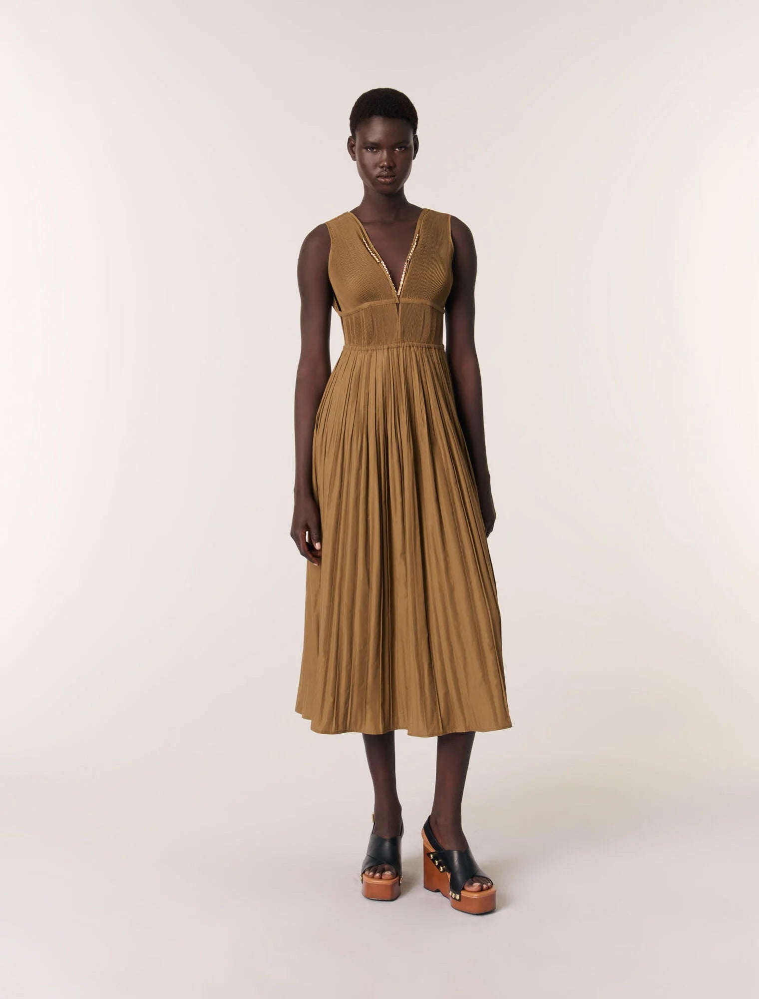 Khaki-featured-Jewellery neckline pleated dress