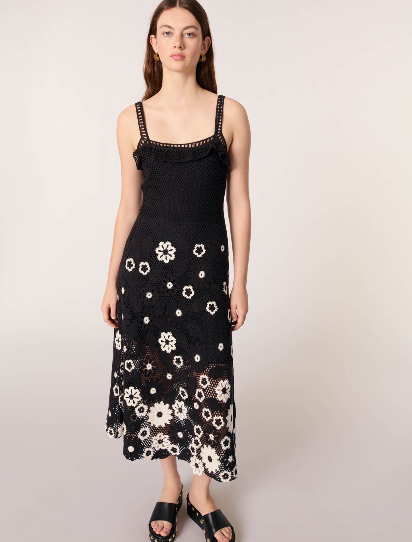 Black / White-Floral crochet maxi dress