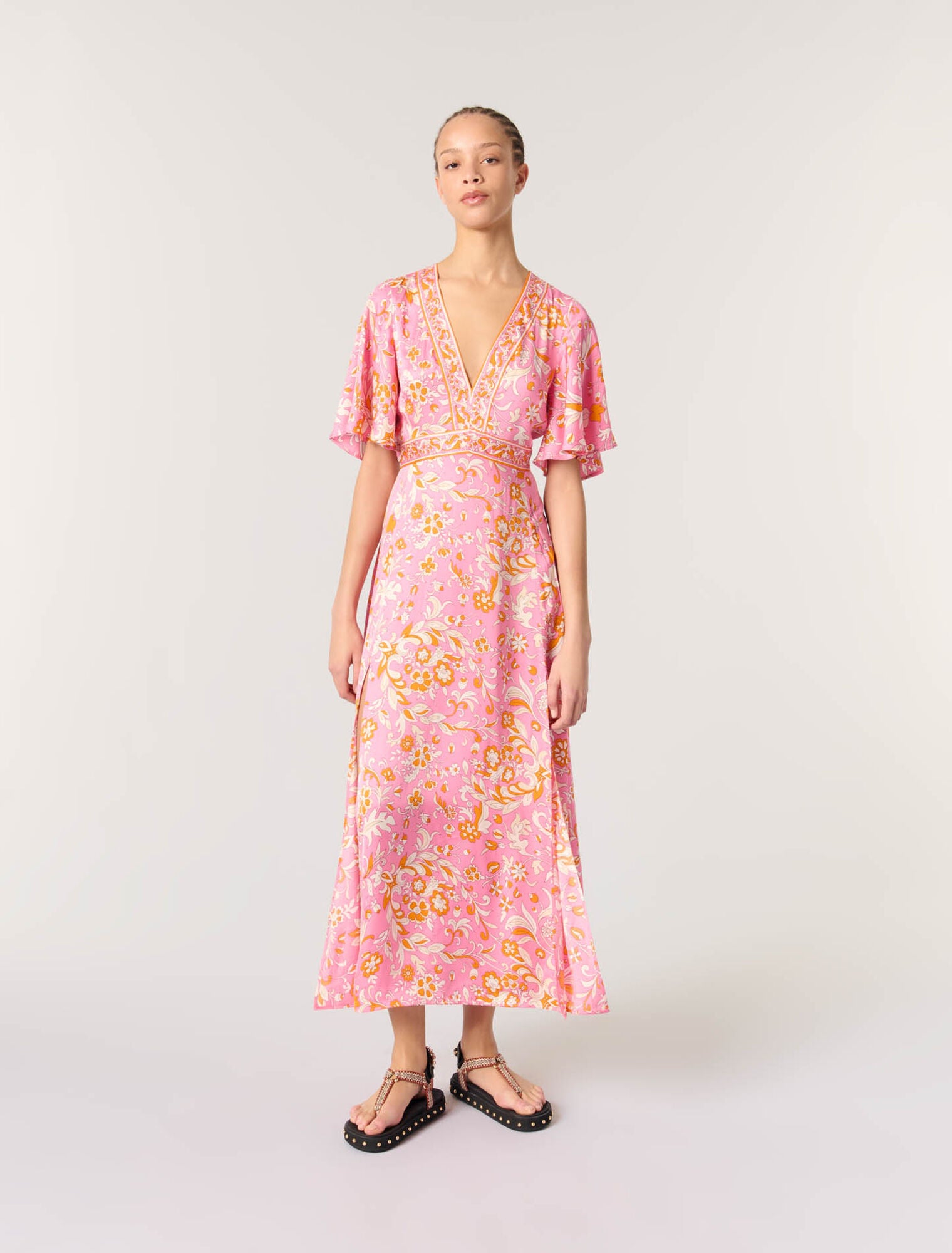 Orange Pink Flowers Print-featured-Patterned flowing maxi dress
