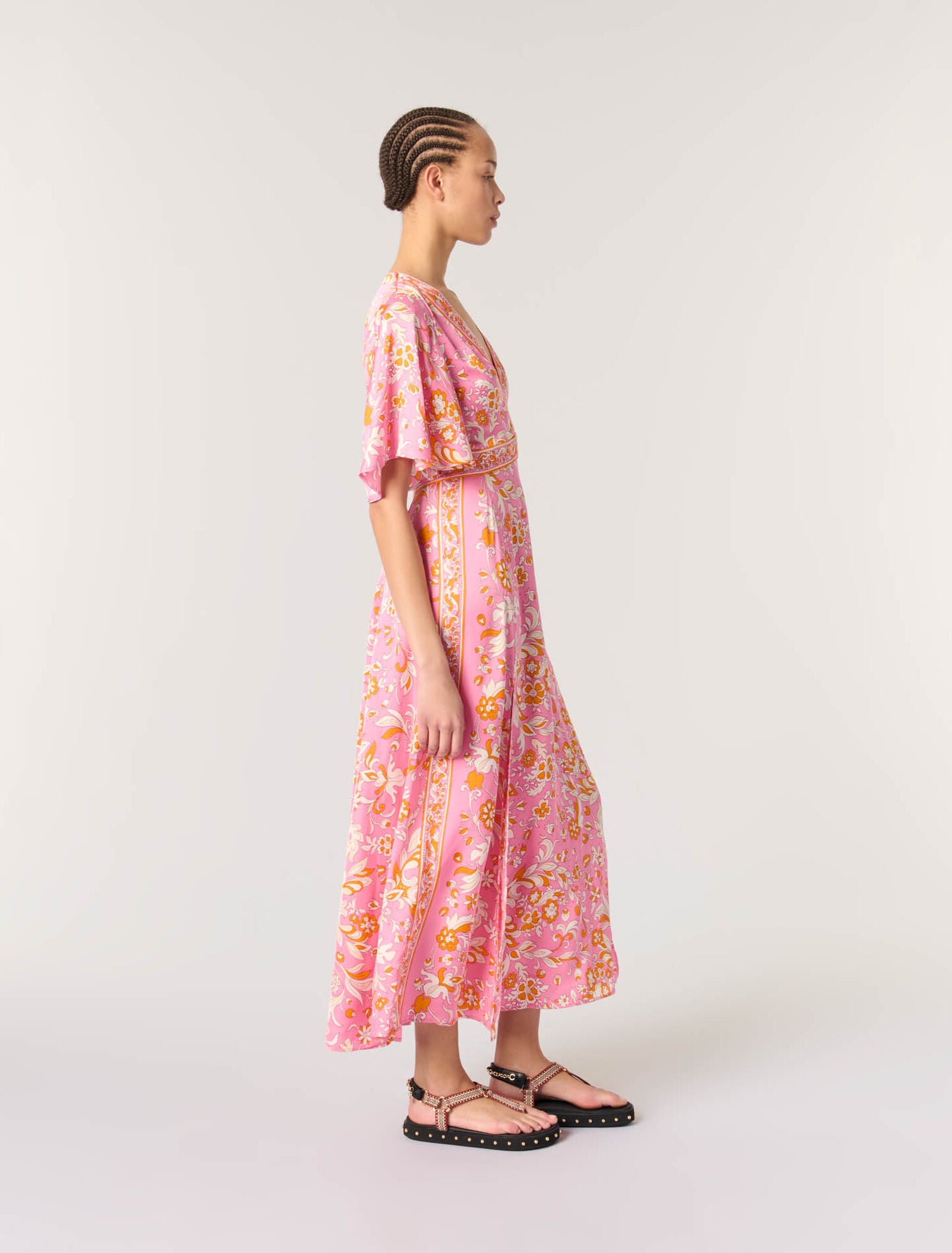 Orange Pink Flowers Print-Patterned flowing maxi dress