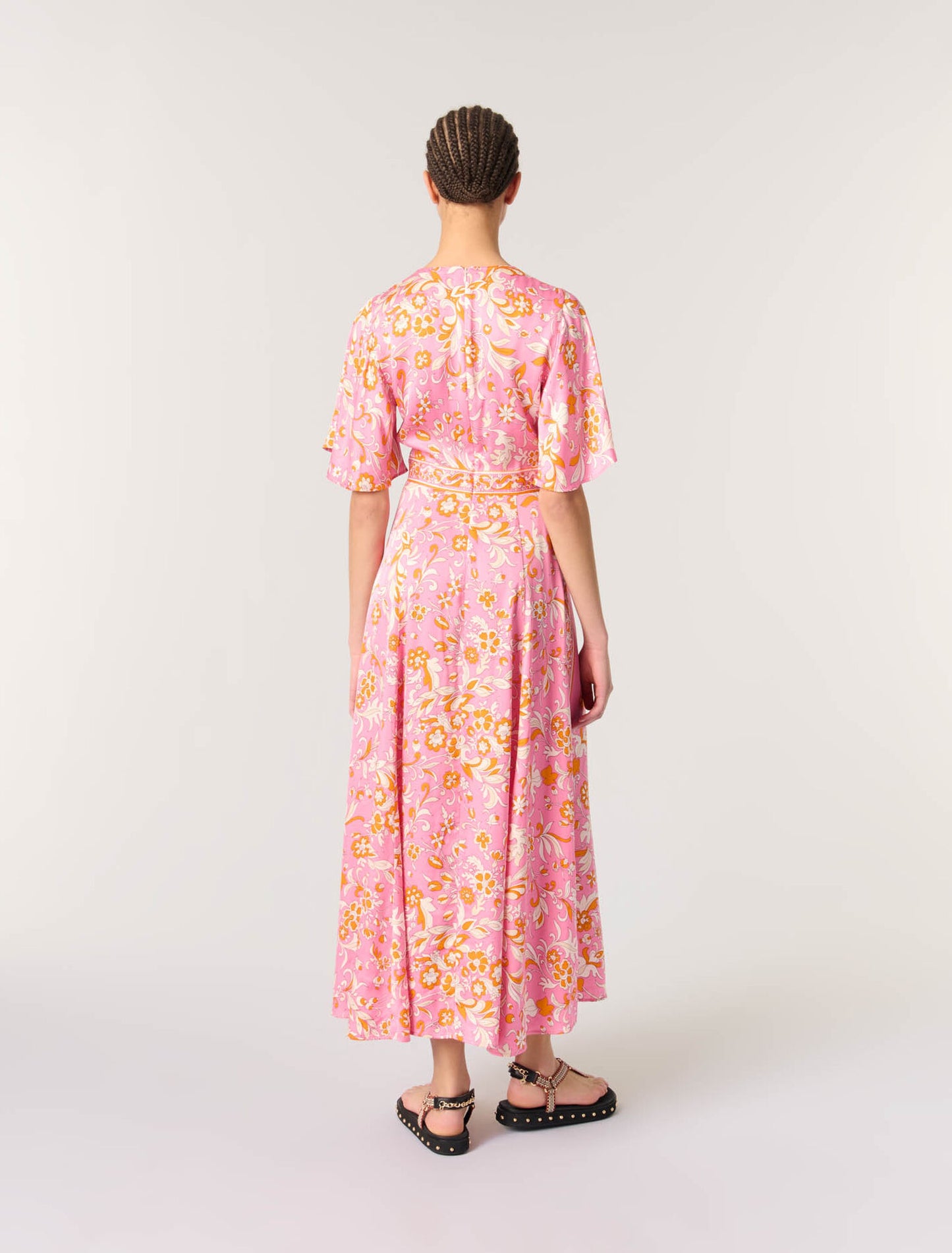 Orange Pink Flowers Print-Patterned flowing maxi dress