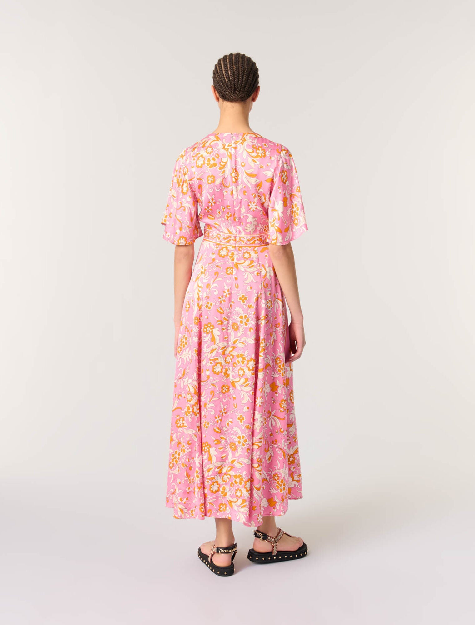Orange Pink Flowers Print-Patterned flowing maxi dress