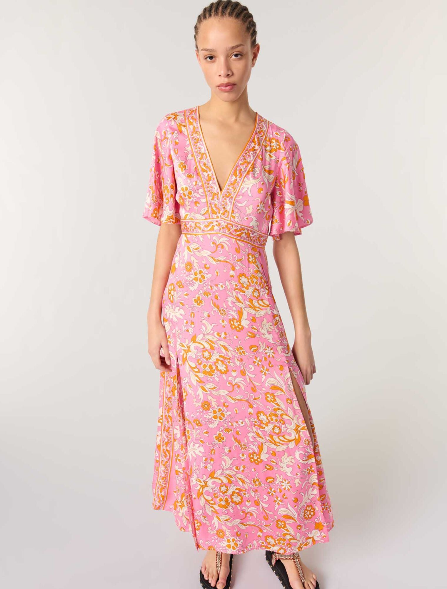Orange Pink Flowers Print-Patterned flowing maxi dress
