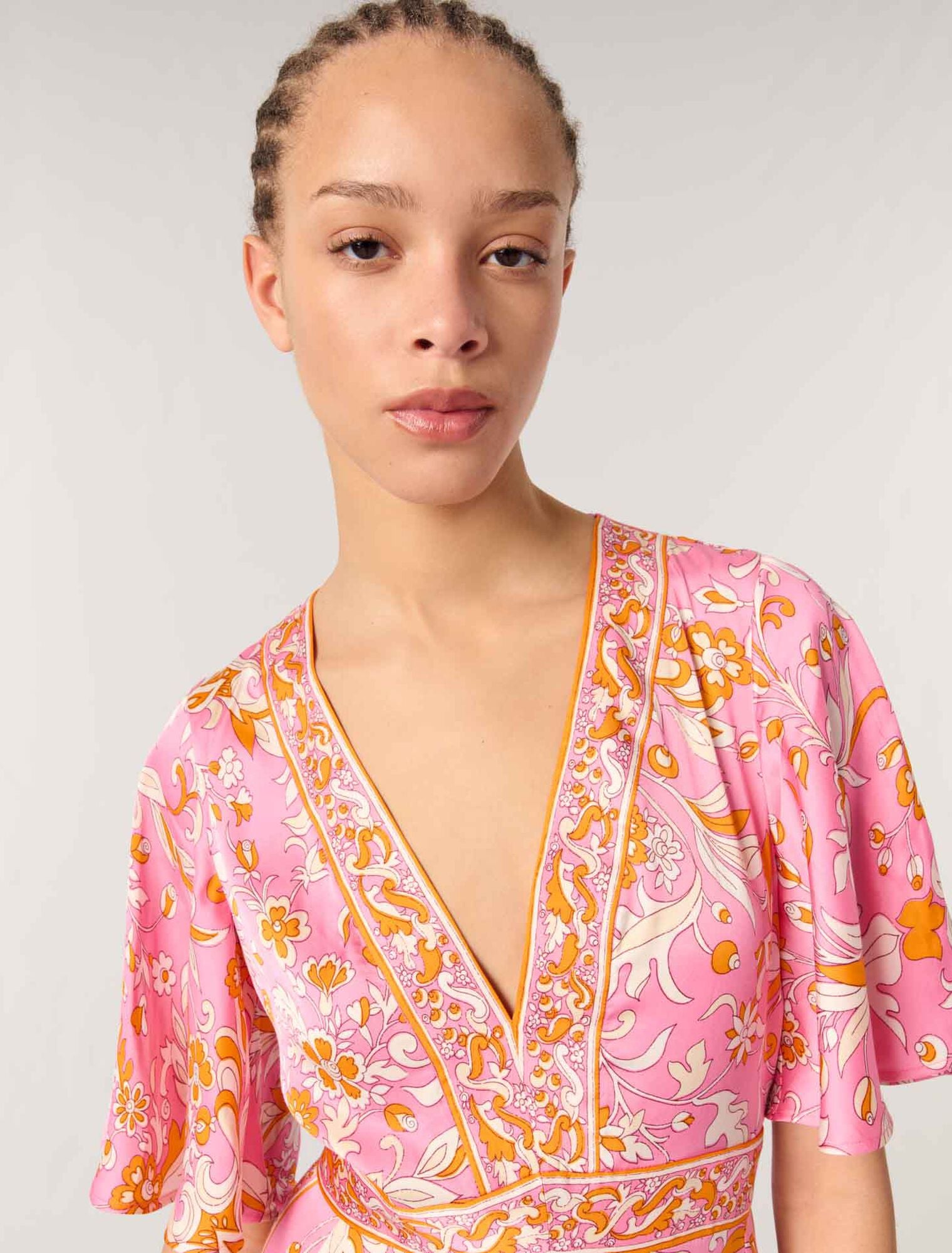 Orange Pink Flowers Print-Patterned flowing maxi dress