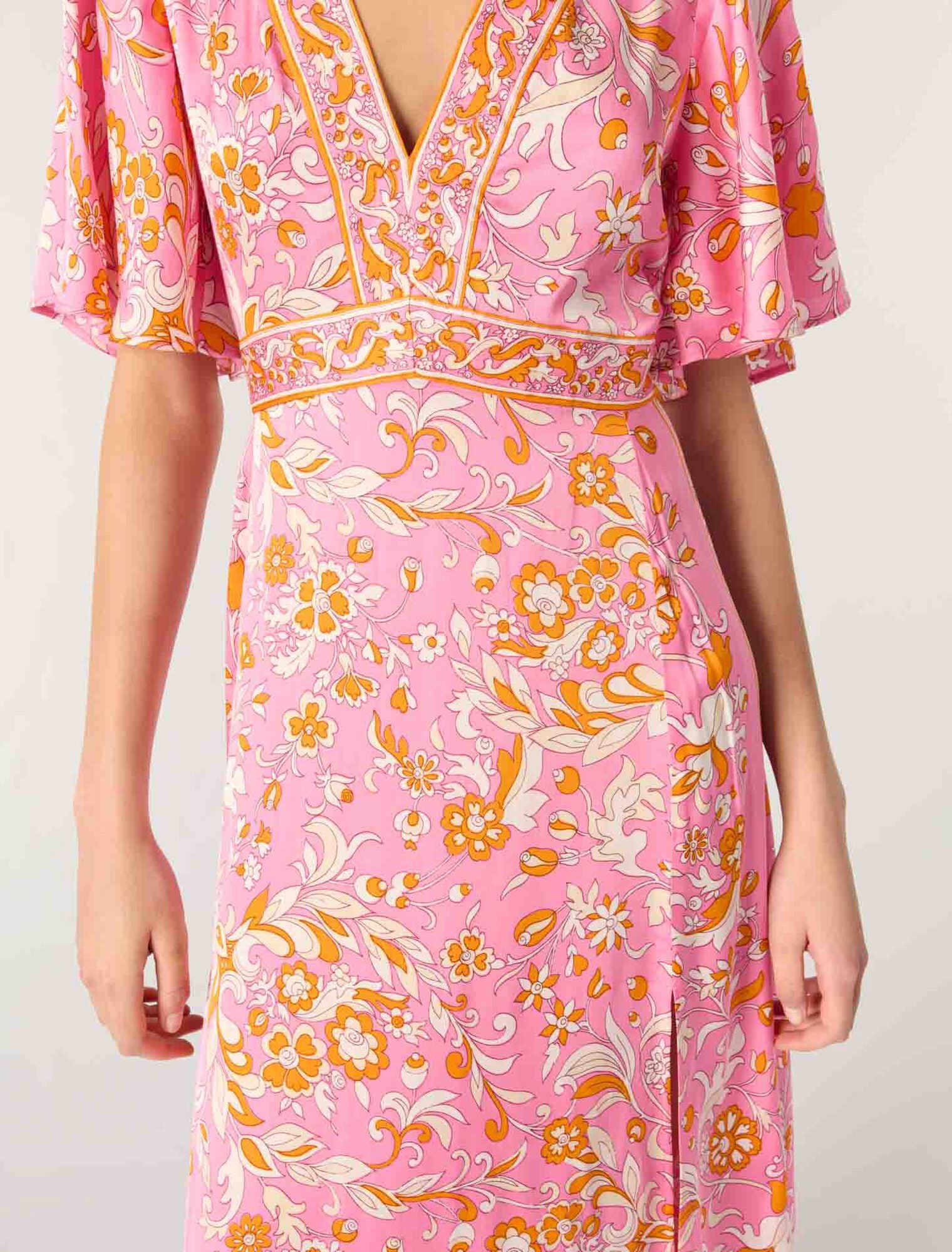 Orange Pink Flowers Print-Patterned flowing maxi dress