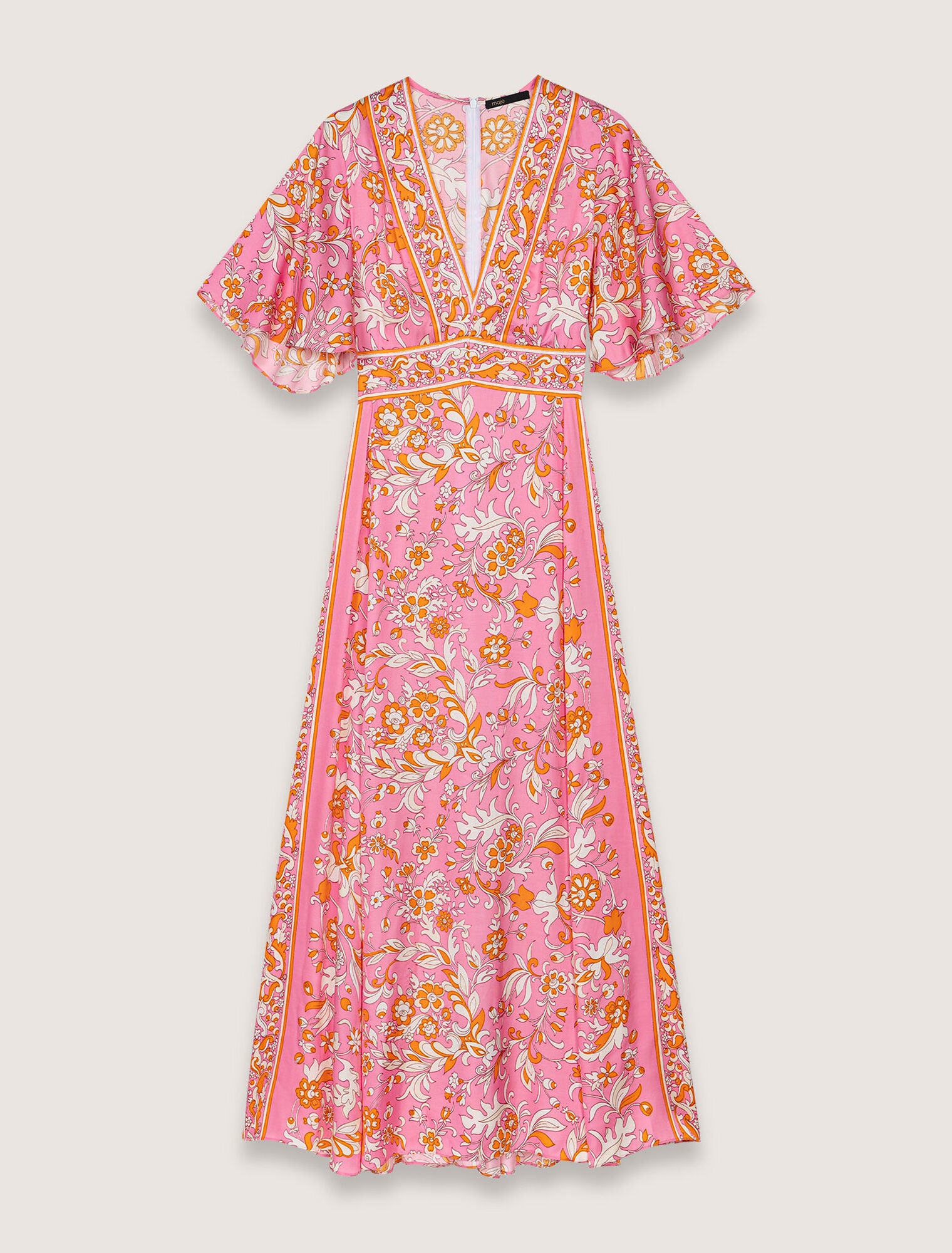Orange Pink Flowers Print-Patterned flowing maxi dress