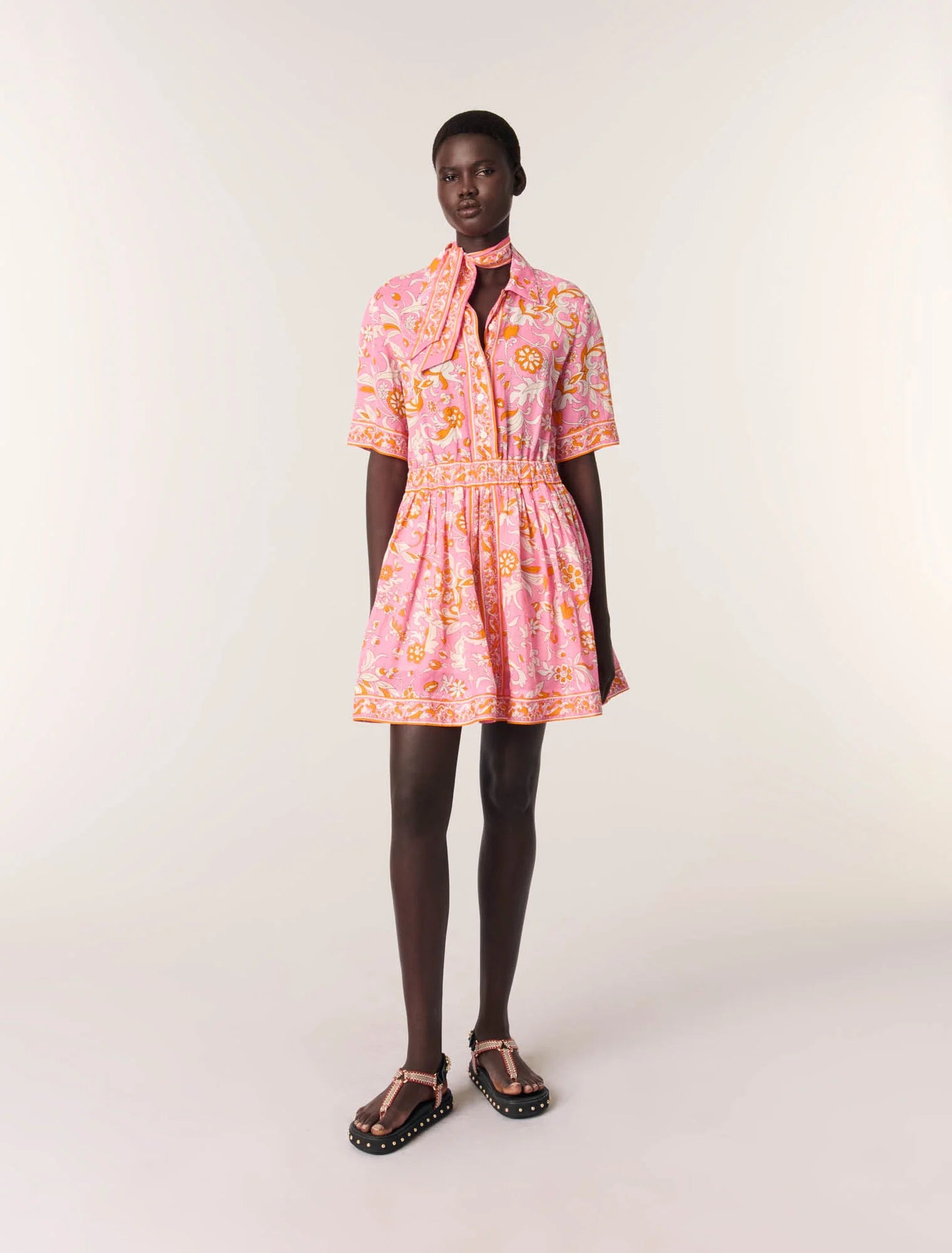 Orange Pink Flowers Print-featured-Short flowing patterned dress