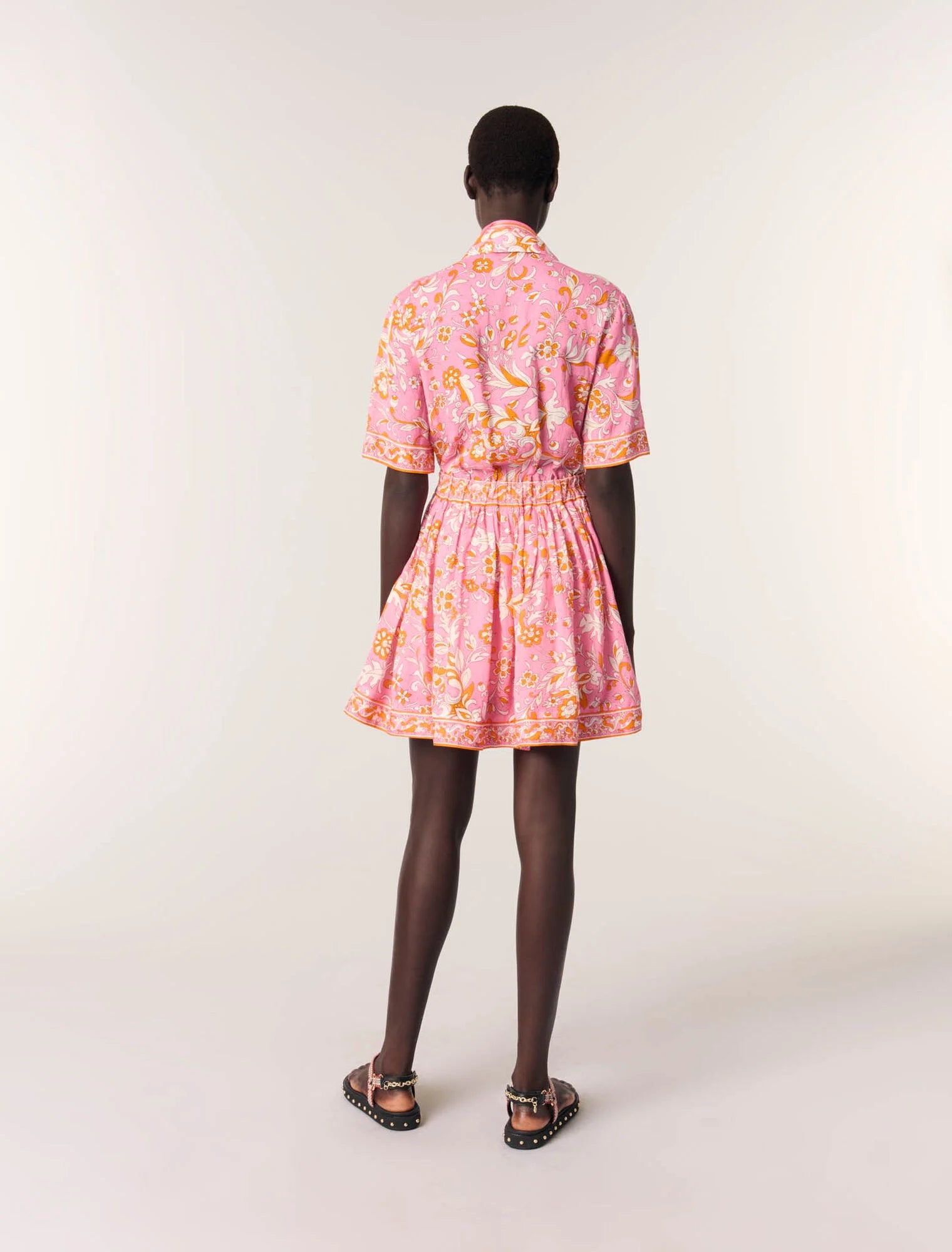 Orange Pink Flowers Print-Short flowing patterned dress