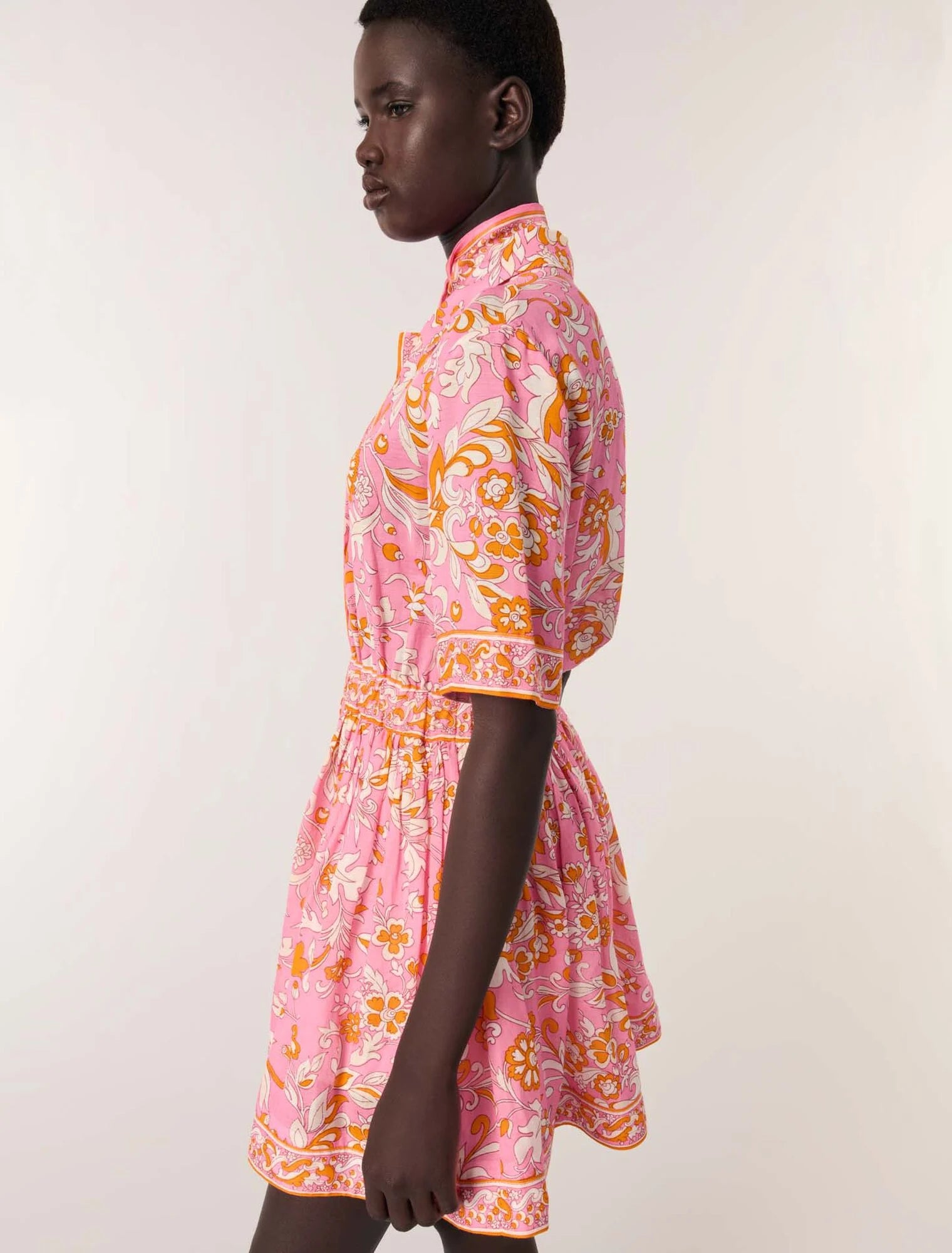 Orange Pink Flowers Print-Short flowing patterned dress