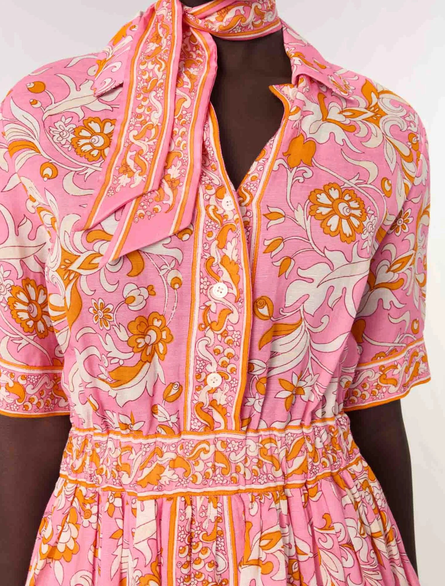 Orange Pink Flowers Print-Short flowing patterned dress