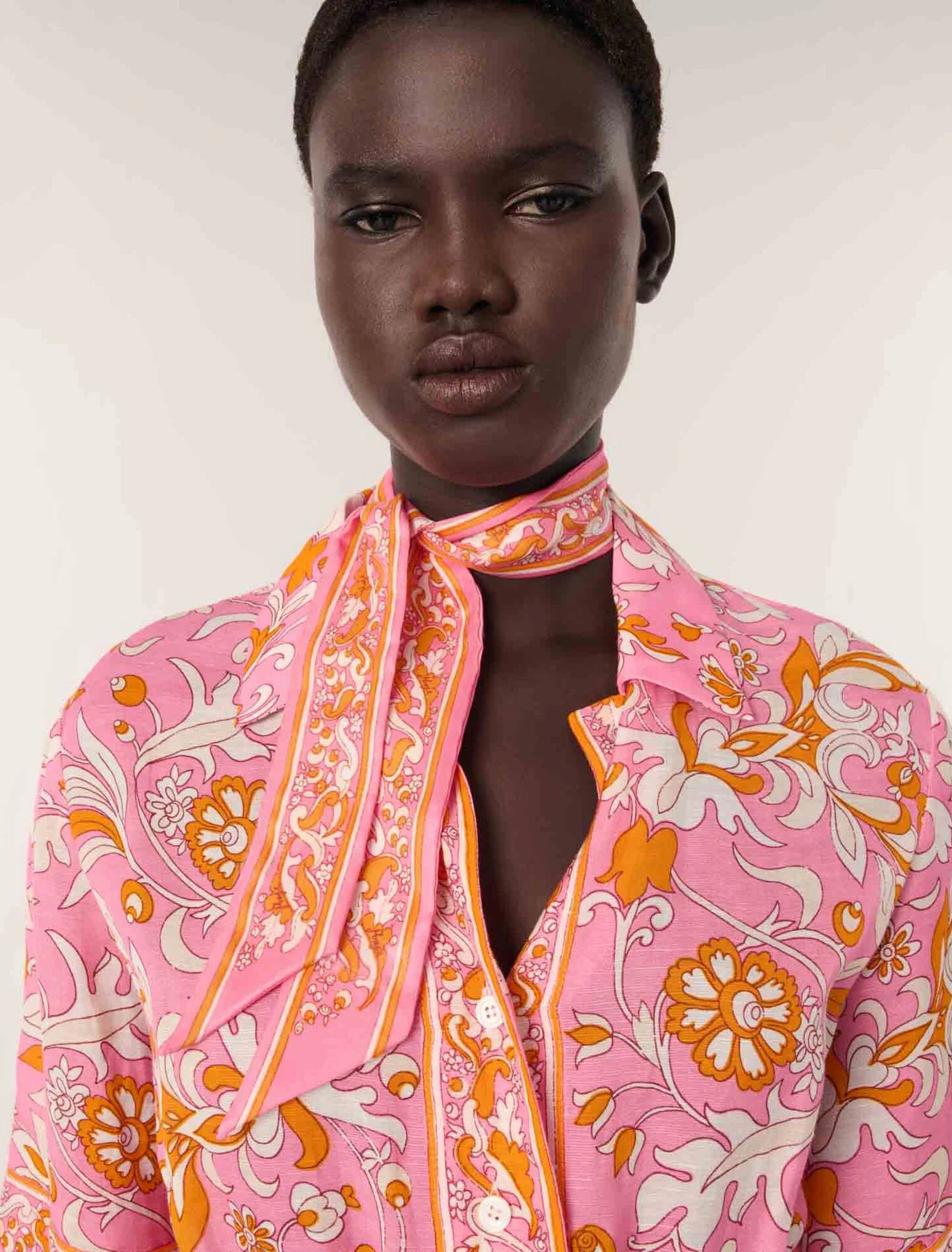 Orange Pink Flowers Print-Short flowing patterned dress