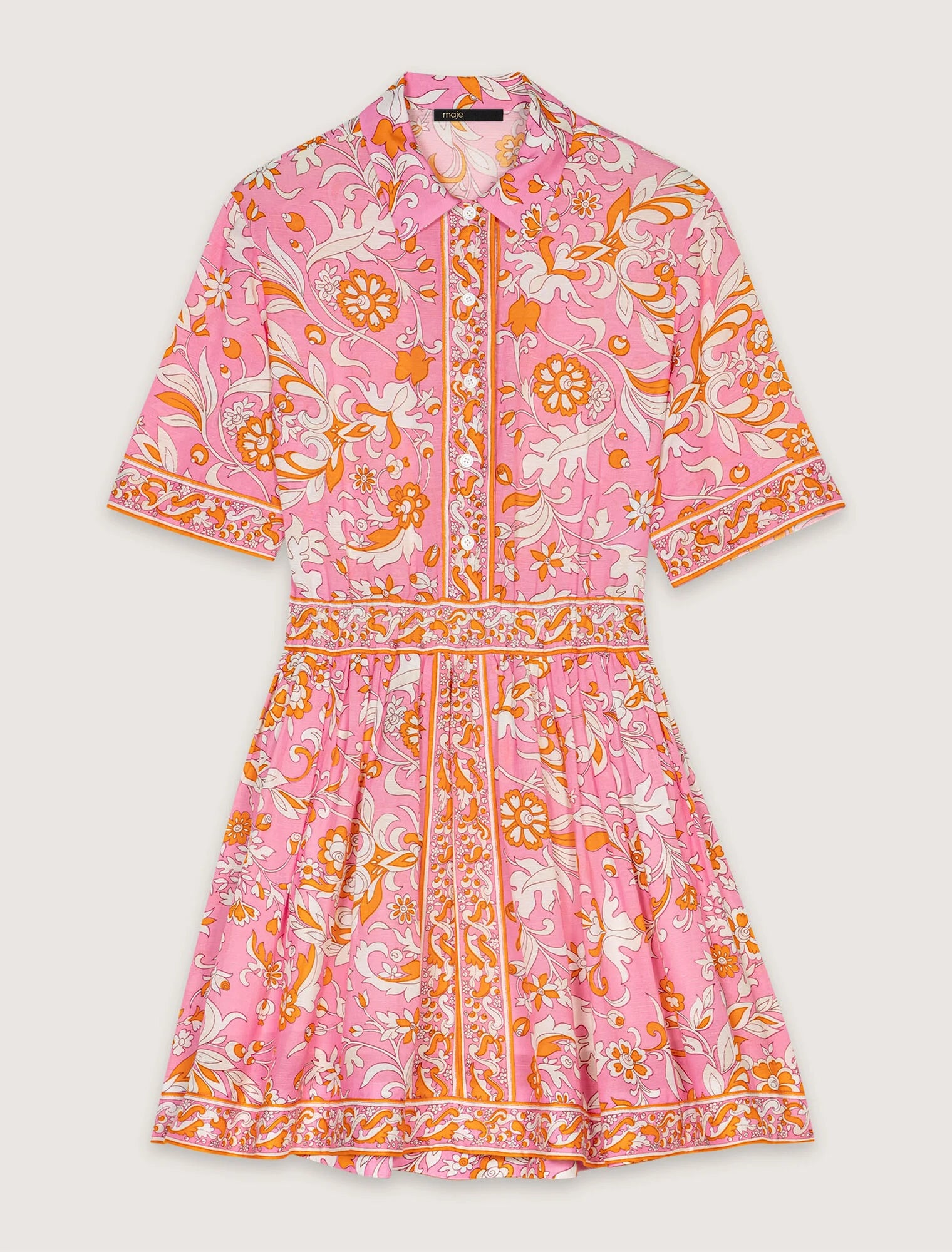 Orange Pink Flowers Print-Short flowing patterned dress