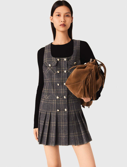 Short pleated checked dress Grey
