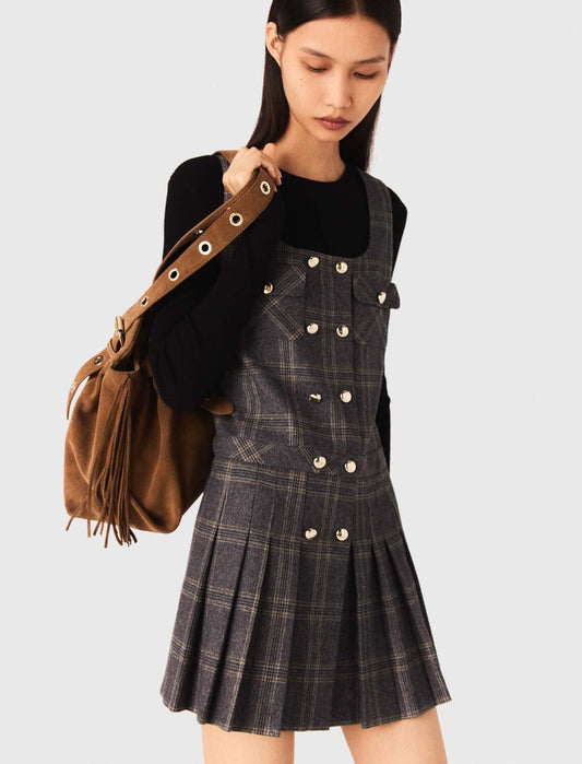 Short pleated checked dress Grey