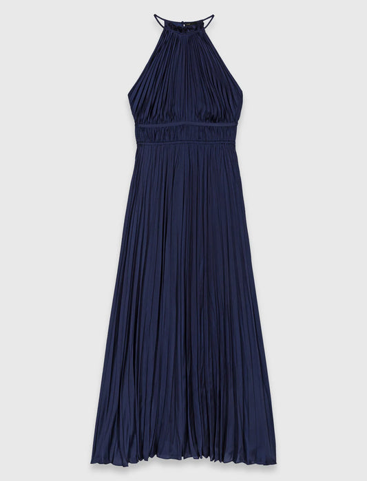 Pleated satin maxi dress Navy