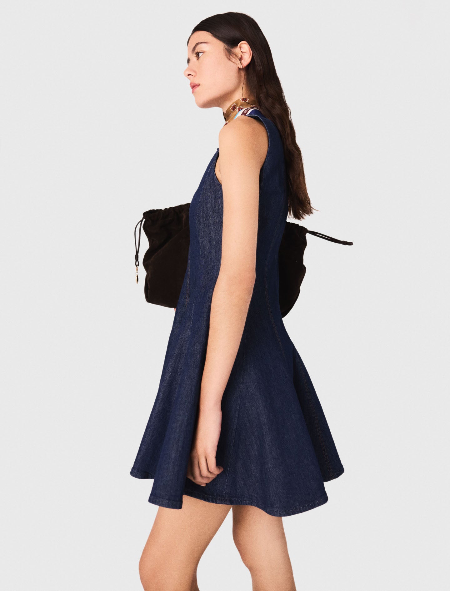 Short denim dress with ruffles