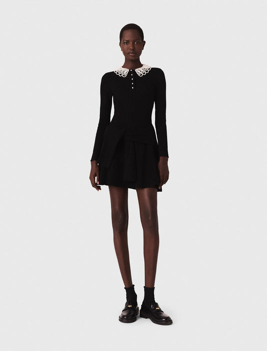 Short beaded-collar knit dress Black