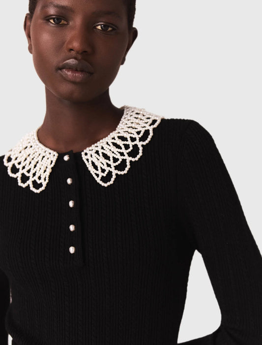 Short beaded-collar knit dress Black